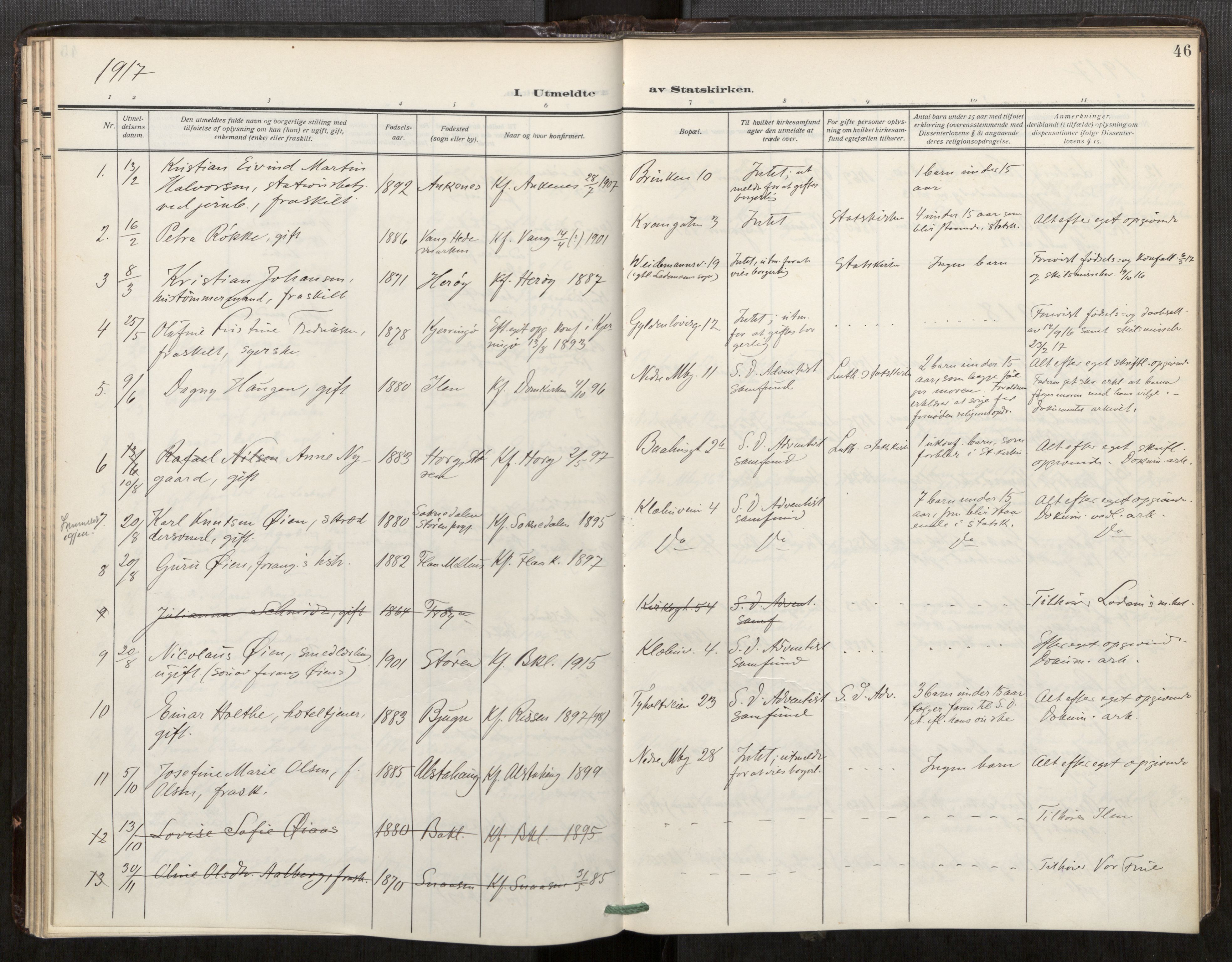 Bakklandet sokneprestkontor, SAT/A-1127: Parish register (official) no. 604A32, 1912-1919, p. 46