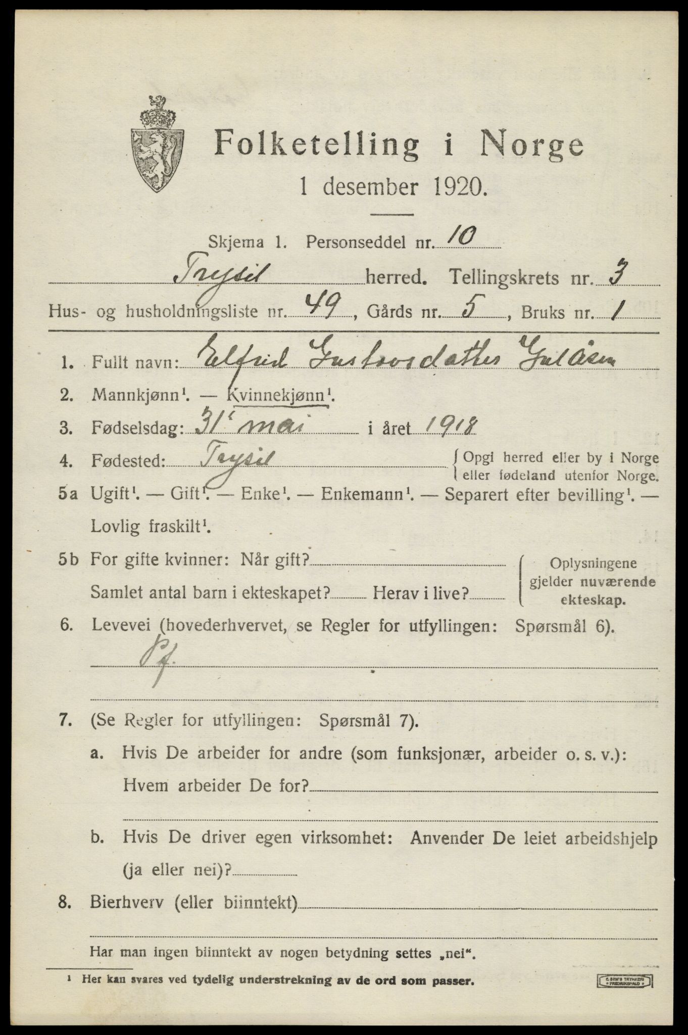 SAH, 1920 census for Trysil, 1920, p. 4061