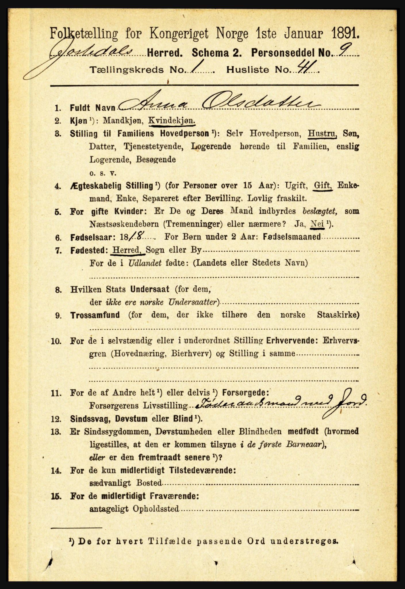 RA, 1891 census for 1427 Jostedal, 1891, p. 384