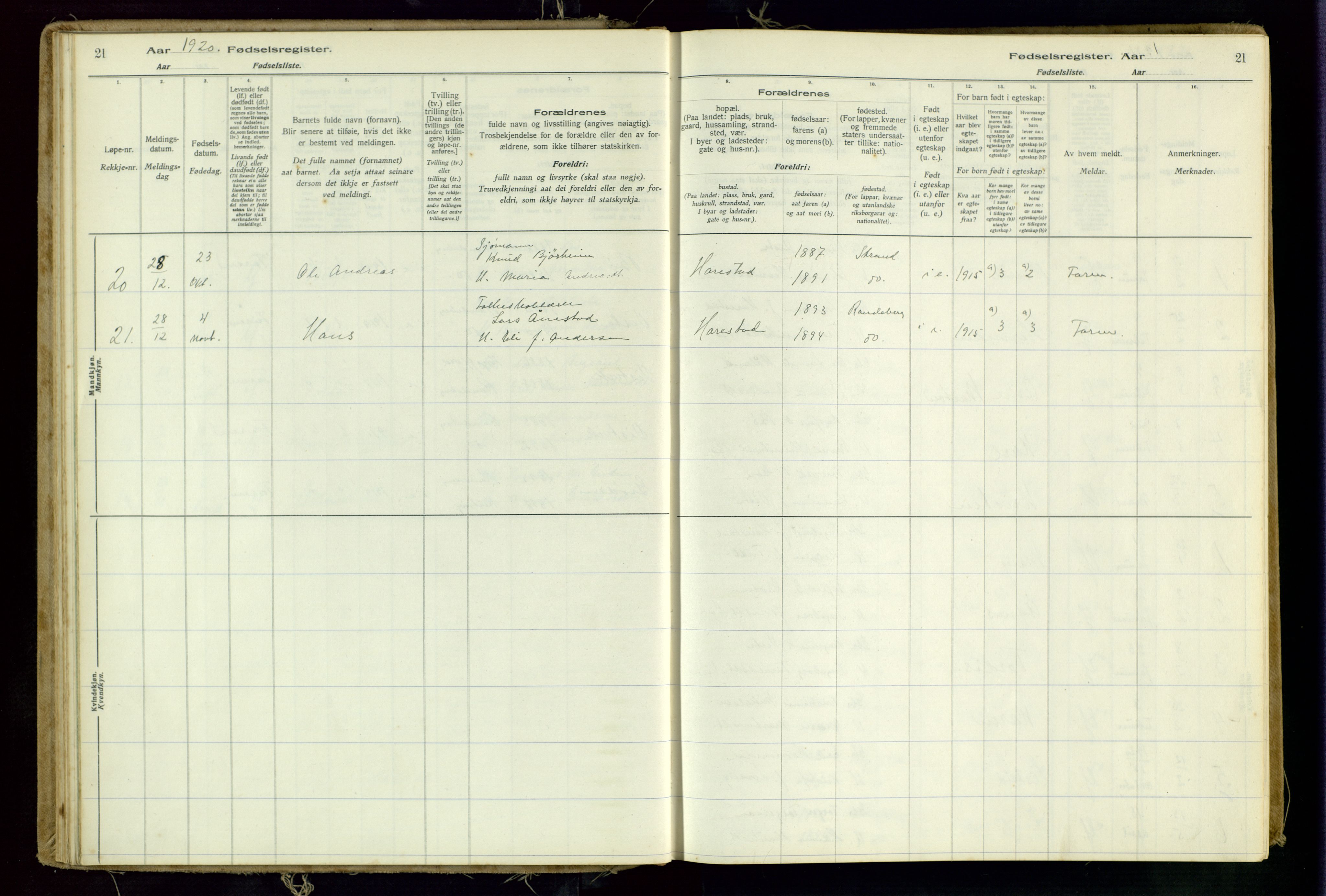 Hetland sokneprestkontor, AV/SAST-A-101826/70/704BA/L0001: Birth register no. 1, 1916-1954, p. 21