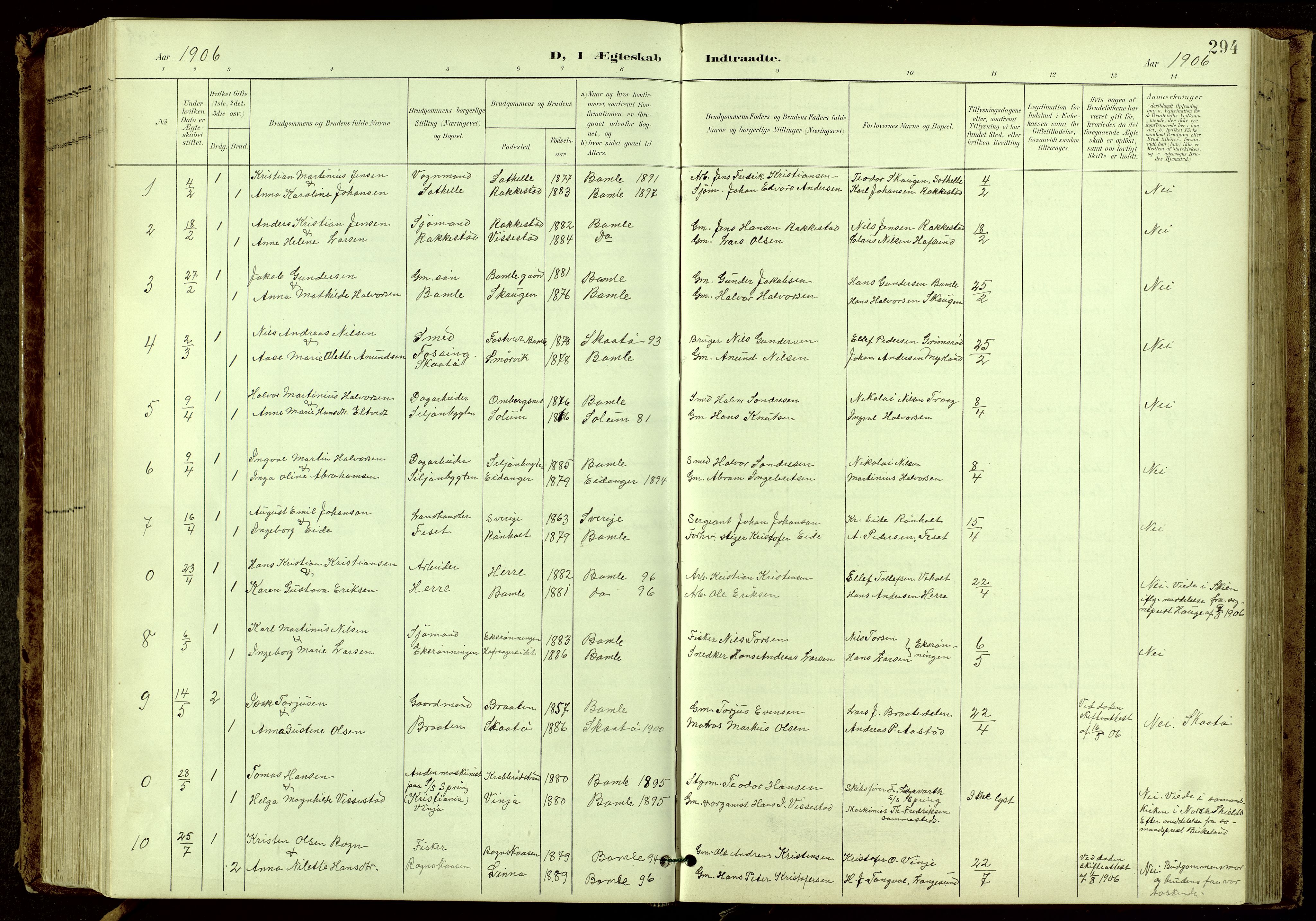 Bamble kirkebøker, SAKO/A-253/G/Ga/L0010: Parish register (copy) no. I 10, 1901-1919, p. 294