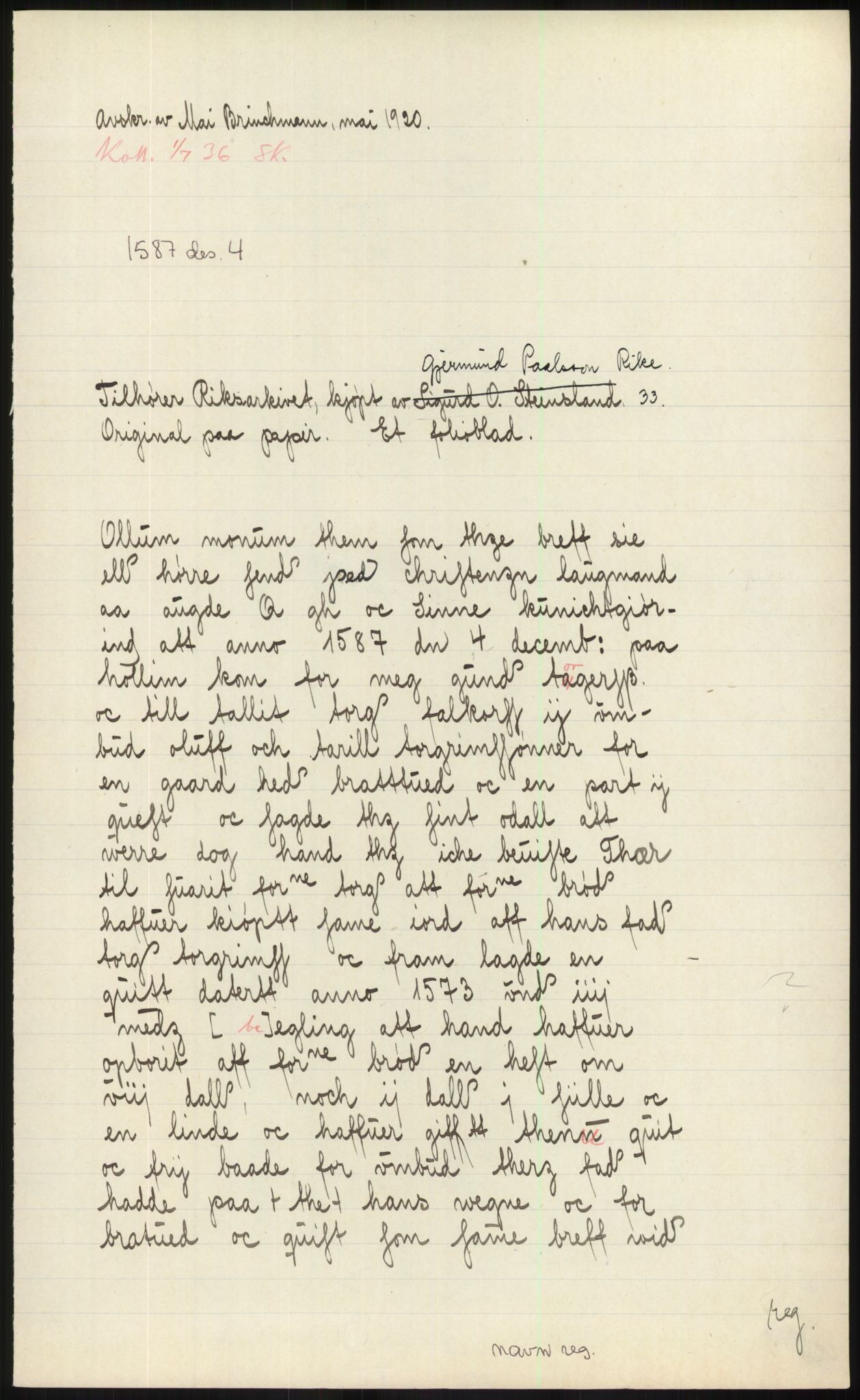 Samlinger til kildeutgivelse, Diplomavskriftsamlingen, AV/RA-EA-4053/H/Ha, p. 261