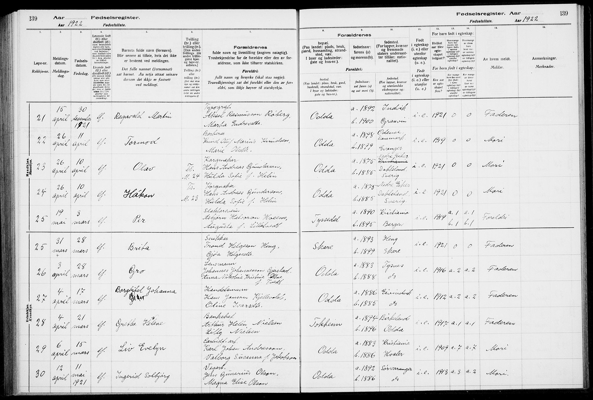 Odda Sokneprestembete, AV/SAB-A-77201/I/Id/L00A1: Birth register no. A 1, 1916-1925, p. 139