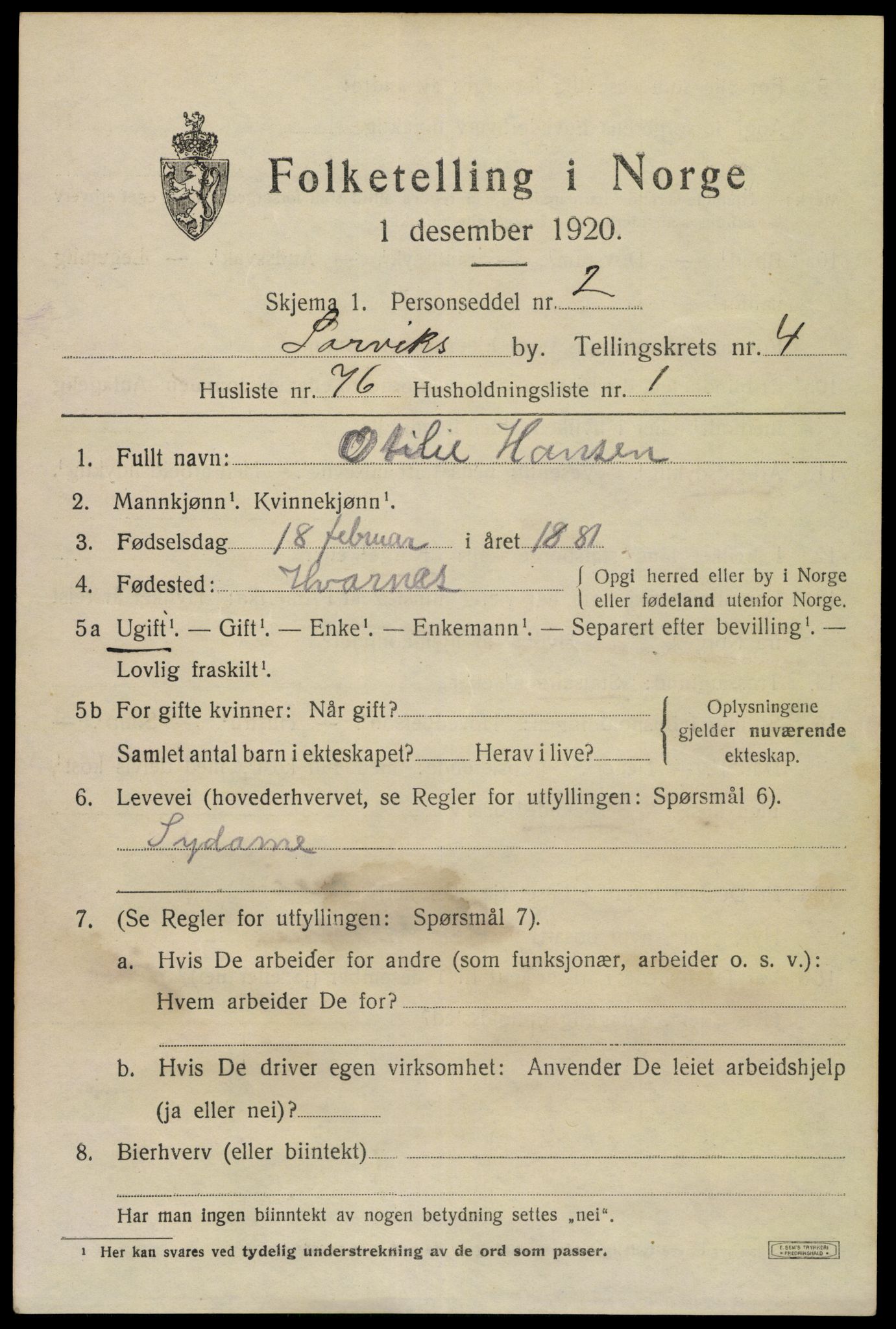 SAKO, 1920 census for Larvik, 1920, p. 14756