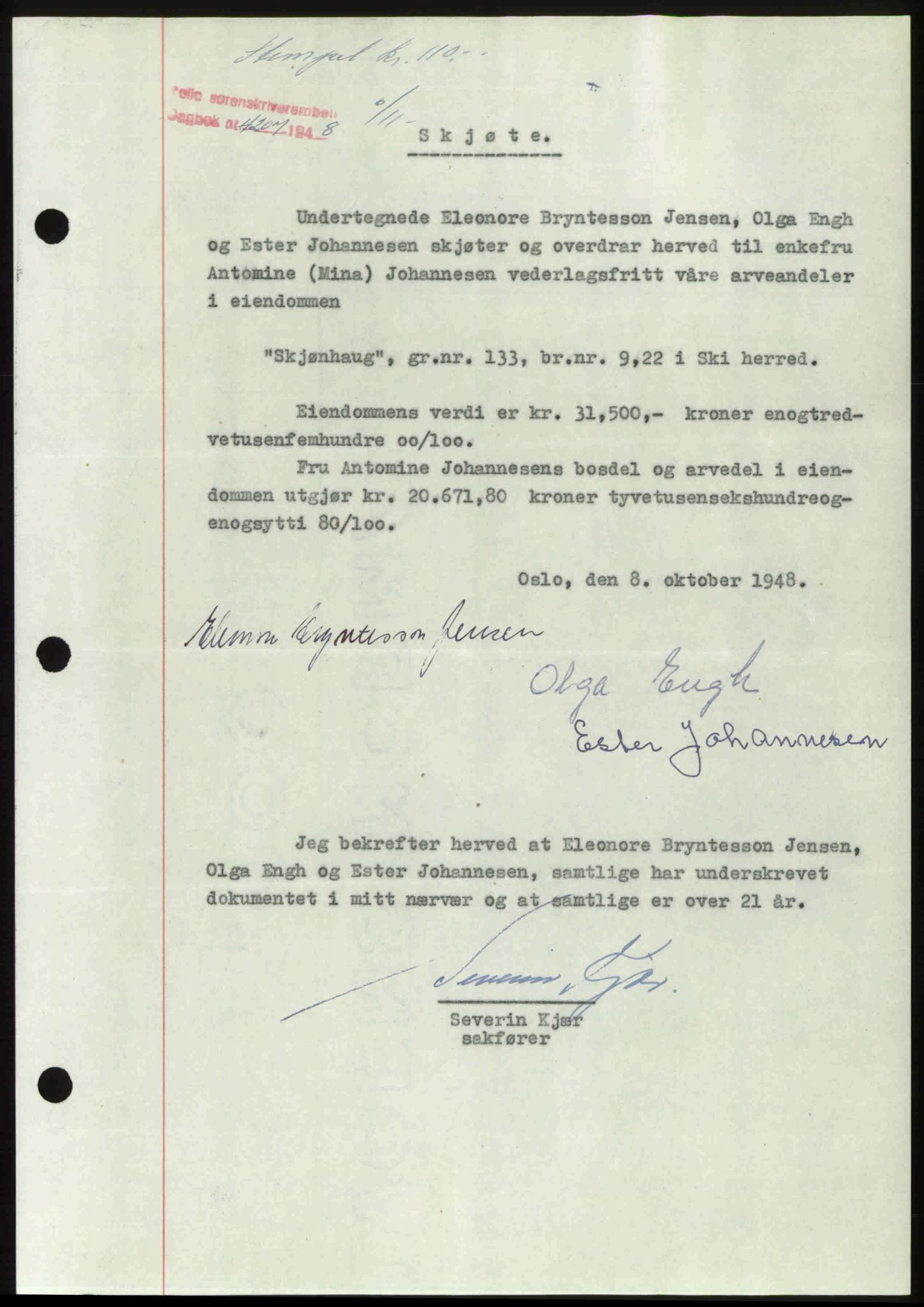 Follo sorenskriveri, SAO/A-10274/G/Ga/Gaa/L0085: Mortgage book no. I 85, 1948-1948, Diary no: : 4207/1948