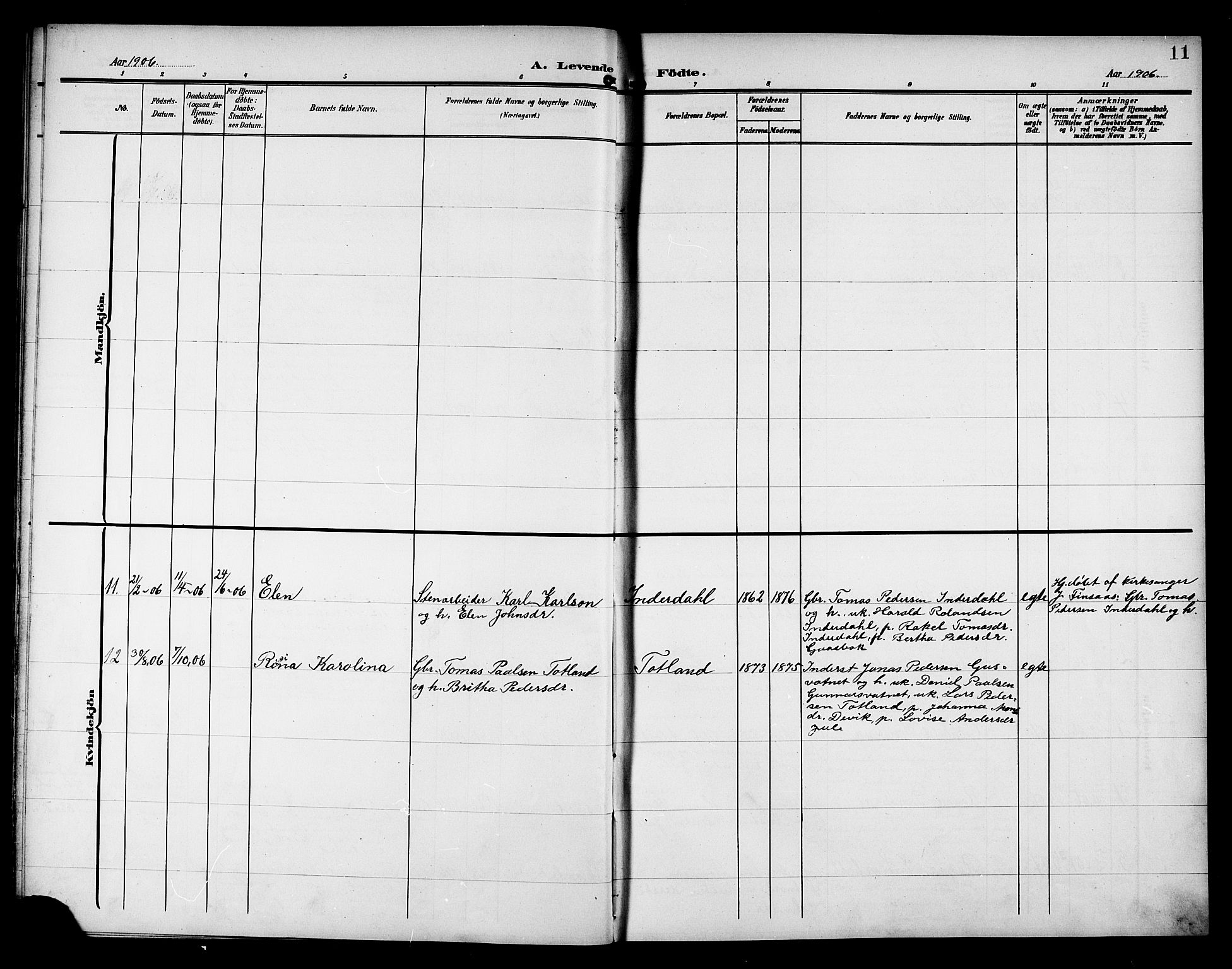 Ministerialprotokoller, klokkerbøker og fødselsregistre - Nord-Trøndelag, SAT/A-1458/757/L0506: Parish register (copy) no. 757C01, 1904-1922, p. 11