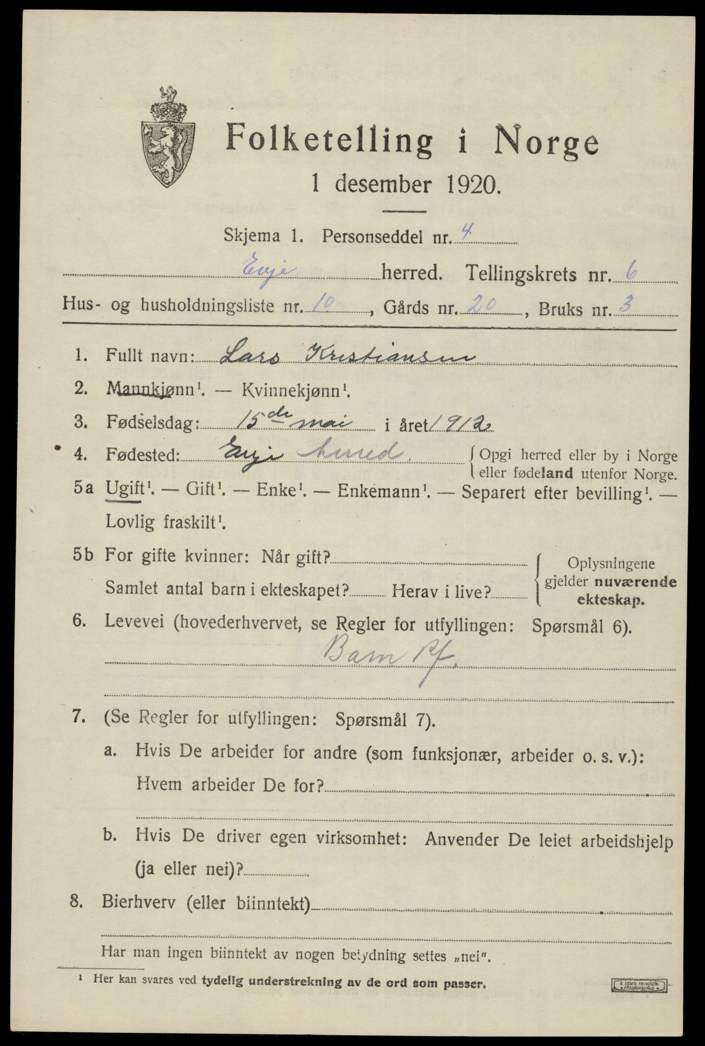 SAK, 1920 census for Evje, 1920, p. 2234