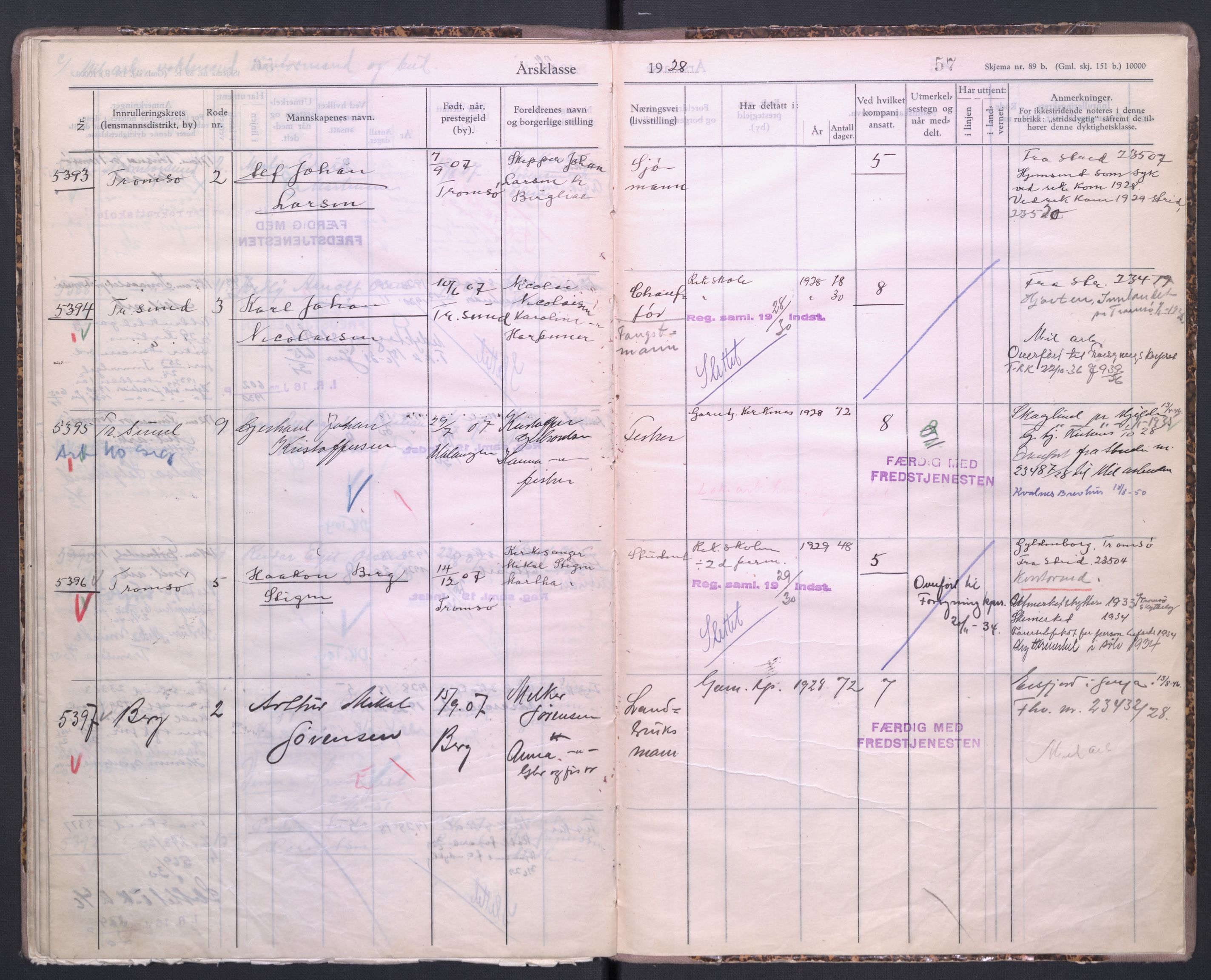 Forsvaret, Troms infanteriregiment nr. 16, AV/RA-RAFA-3146/P/Pa/L0004/0007: Ruller / Rulle for Bardu bataljons menige mannskaper, årsklasse 1928, 1928, p. 57