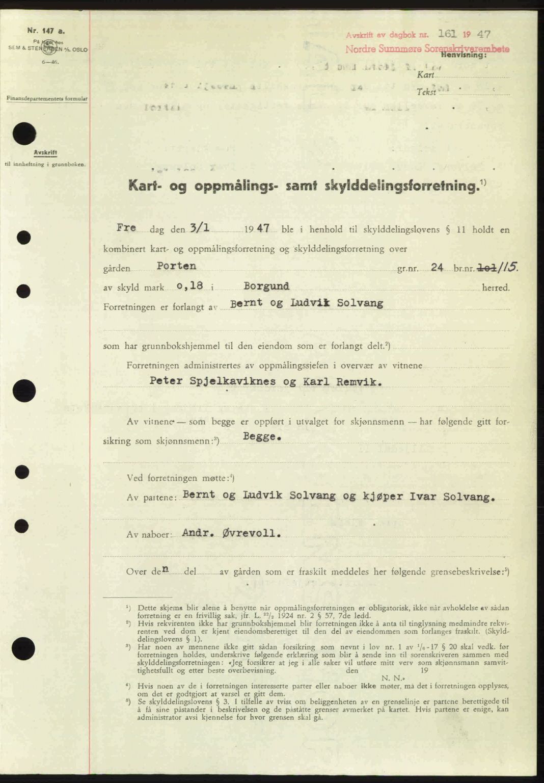 Nordre Sunnmøre sorenskriveri, AV/SAT-A-0006/1/2/2C/2Ca: Mortgage book no. A23, 1946-1947, Diary no: : 161/1947