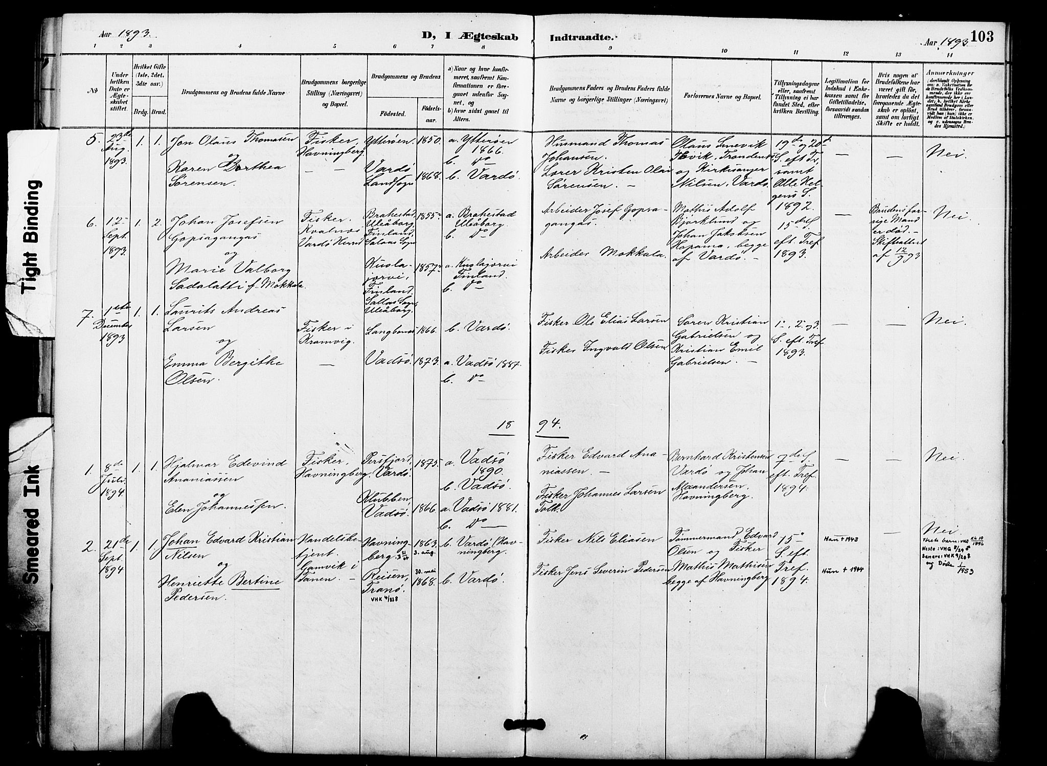 Vardø sokneprestkontor, AV/SATØ-S-1332/H/Ha/L0009kirke: Parish register (official) no. 9, 1887-1898, p. 103
