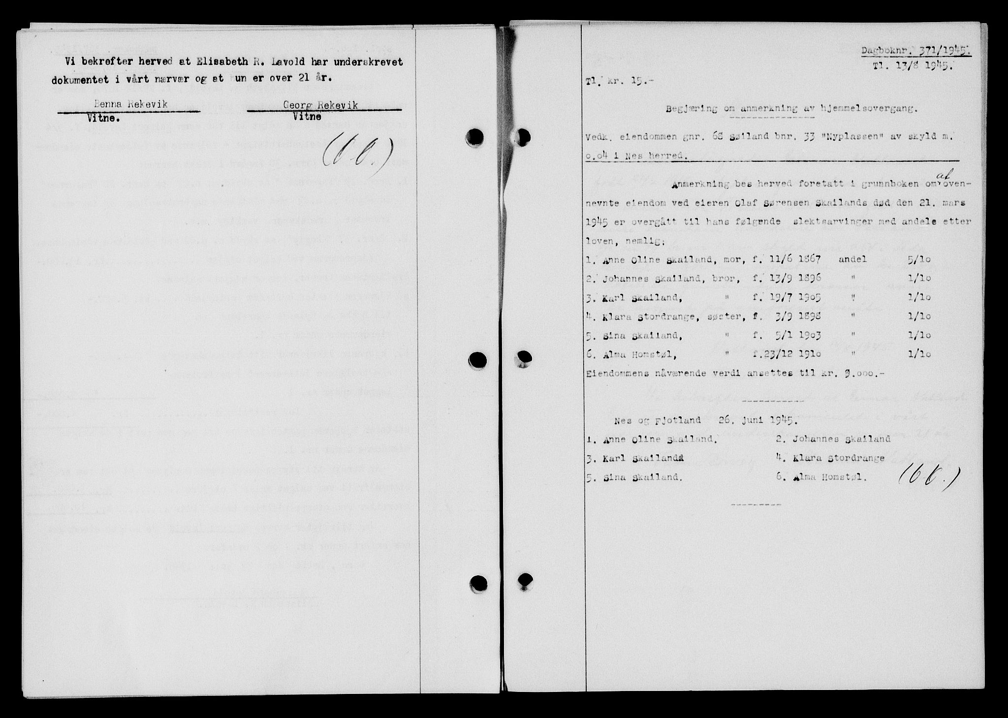 Flekkefjord sorenskriveri, SAK/1221-0001/G/Gb/Gba/L0059: Mortgage book no. A-7, 1944-1945, Diary no: : 371/1945