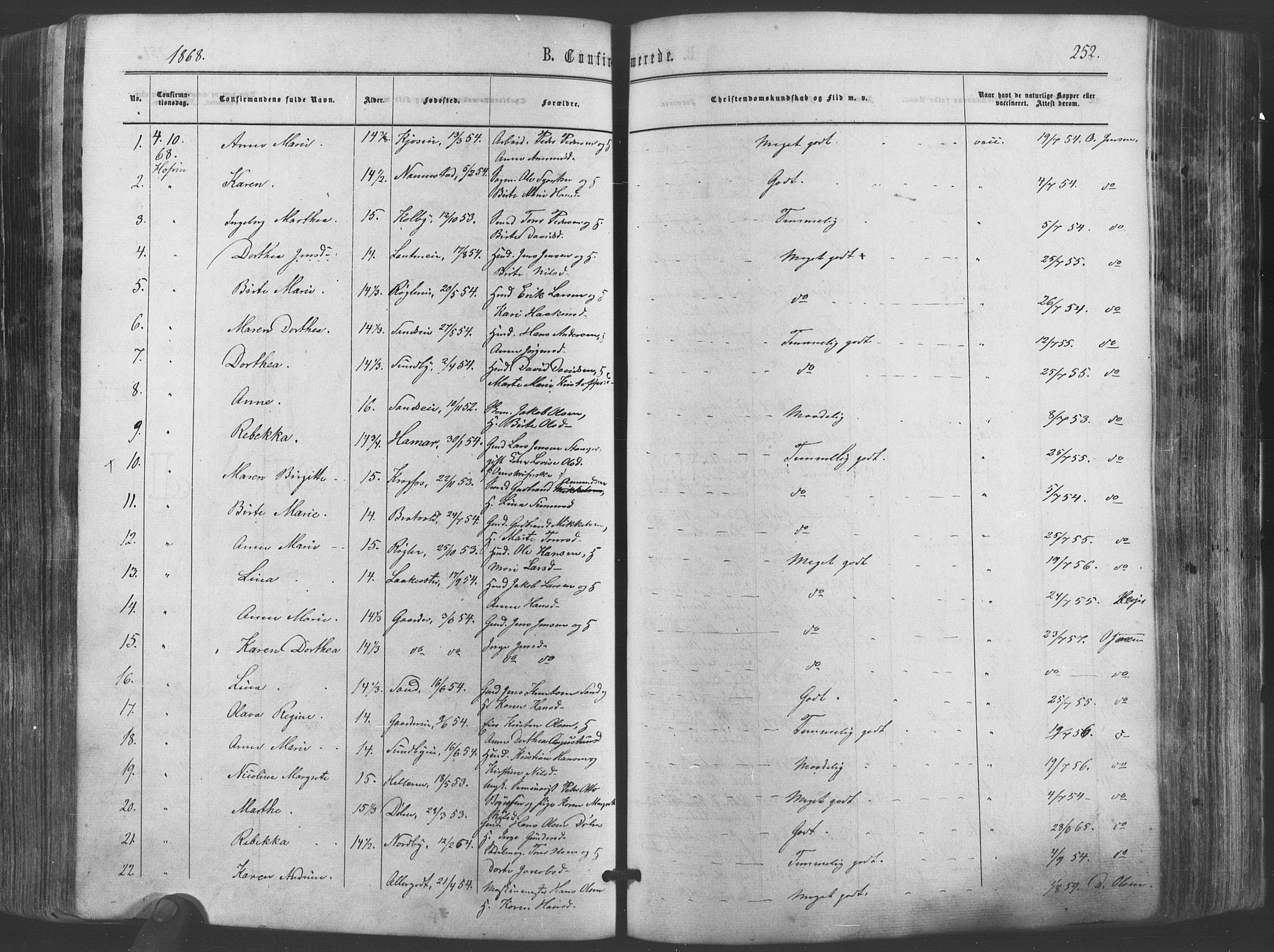 Ullensaker prestekontor Kirkebøker, AV/SAO-A-10236a/F/Fa/L0016: Parish register (official) no. I 16, 1863-1875, p. 252