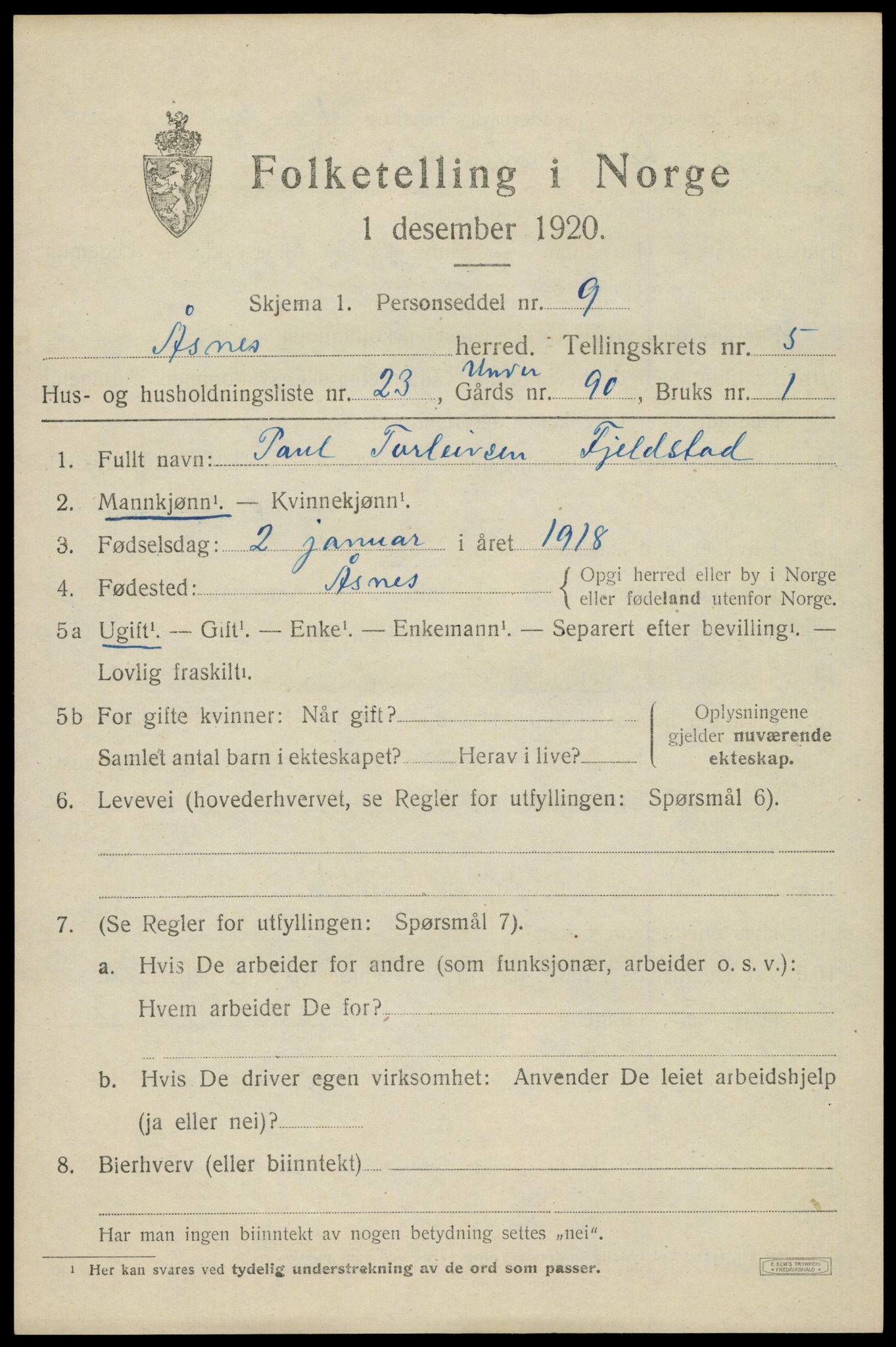 SAH, 1920 census for Åsnes, 1920, p. 6930