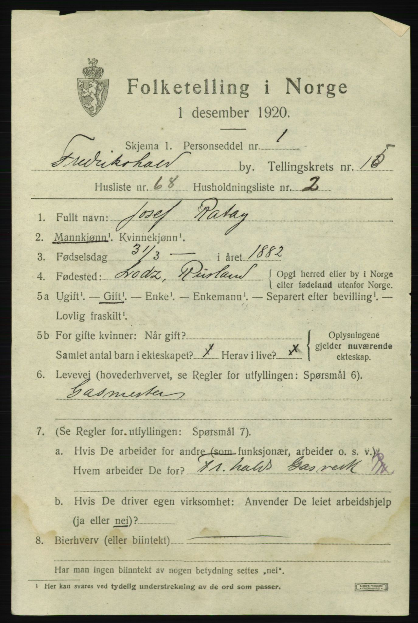 SAO, 1920 census for Fredrikshald, 1920, p. 24724