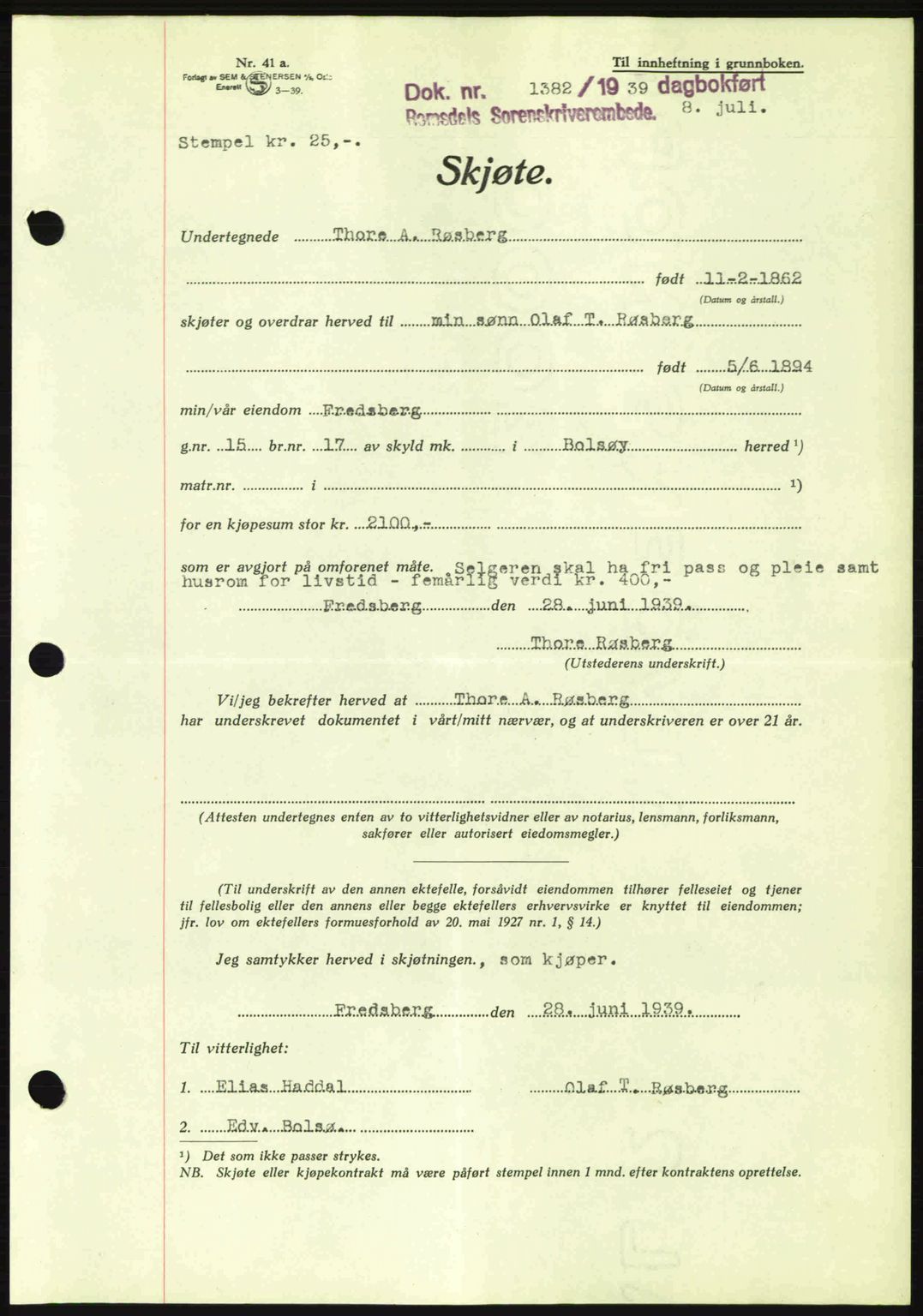 Romsdal sorenskriveri, AV/SAT-A-4149/1/2/2C: Mortgage book no. A7, 1939-1939, Diary no: : 1382/1939