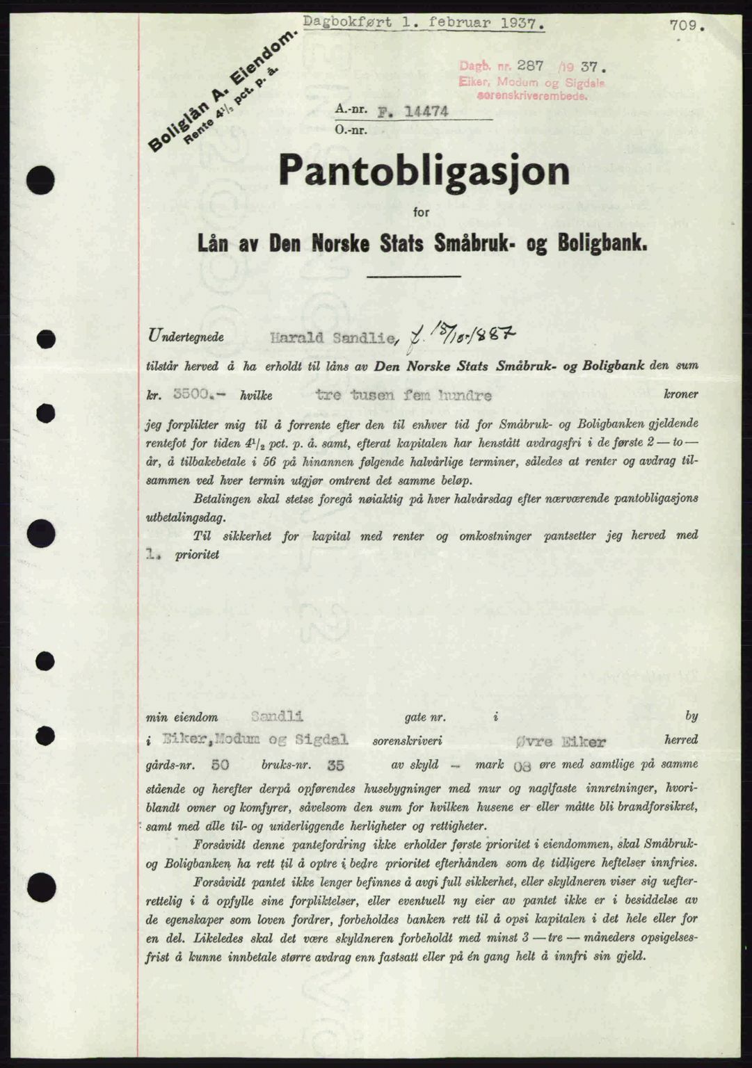 Eiker, Modum og Sigdal sorenskriveri, SAKO/A-123/G/Ga/Gab/L0034: Mortgage book no. A4, 1936-1937, Diary no: : 287/1937