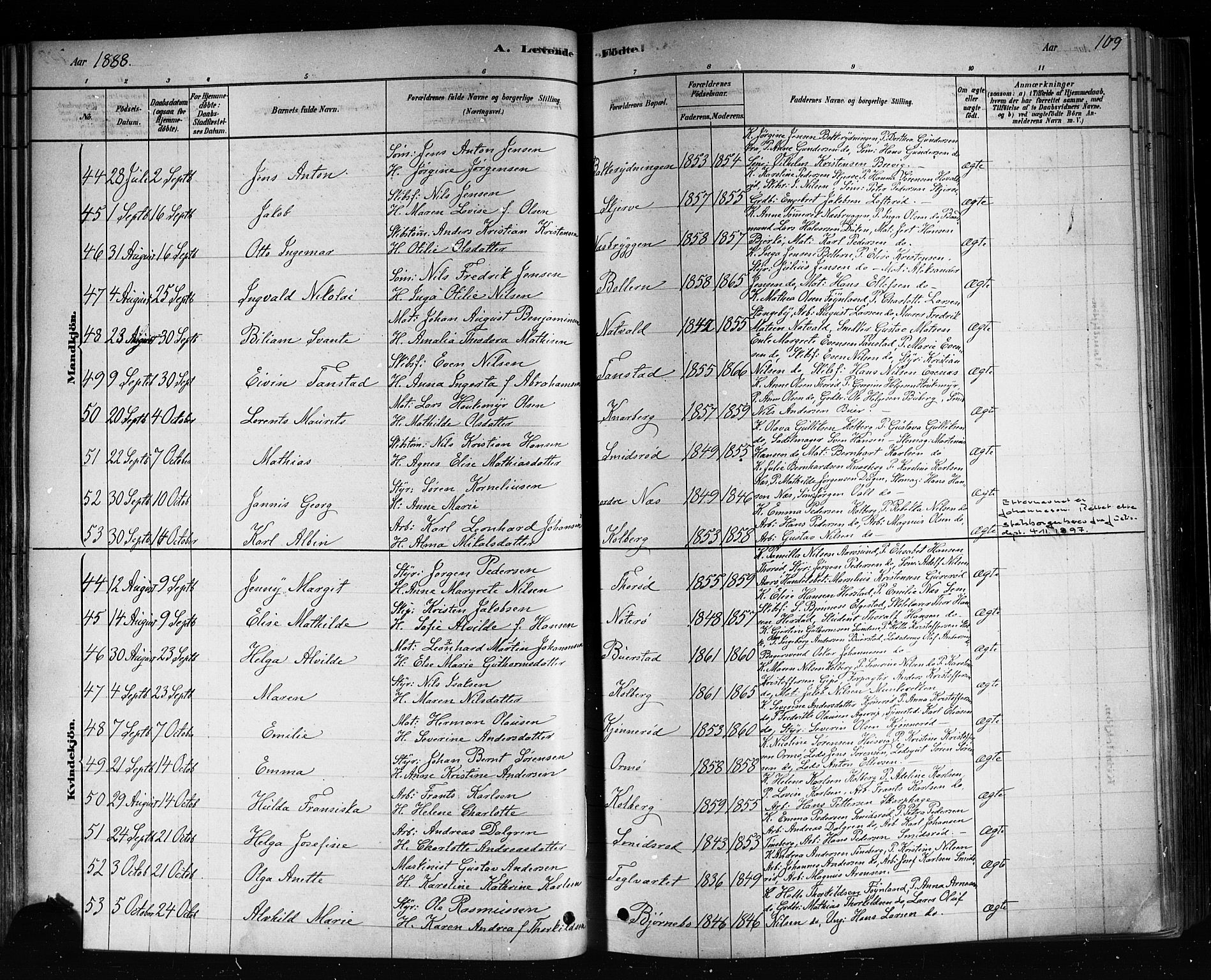 Nøtterøy kirkebøker, AV/SAKO-A-354/F/Fa/L0008: Parish register (official) no. I 8, 1878-1893, p. 109