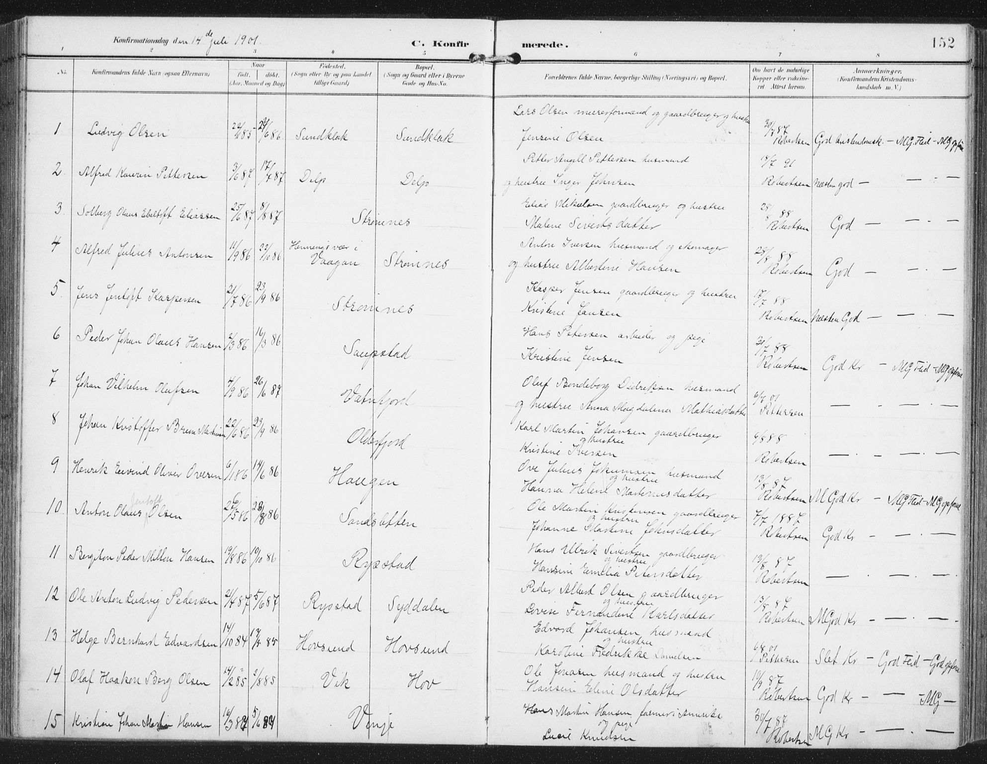 Ministerialprotokoller, klokkerbøker og fødselsregistre - Nordland, AV/SAT-A-1459/876/L1098: Parish register (official) no. 876A04, 1896-1915, p. 152