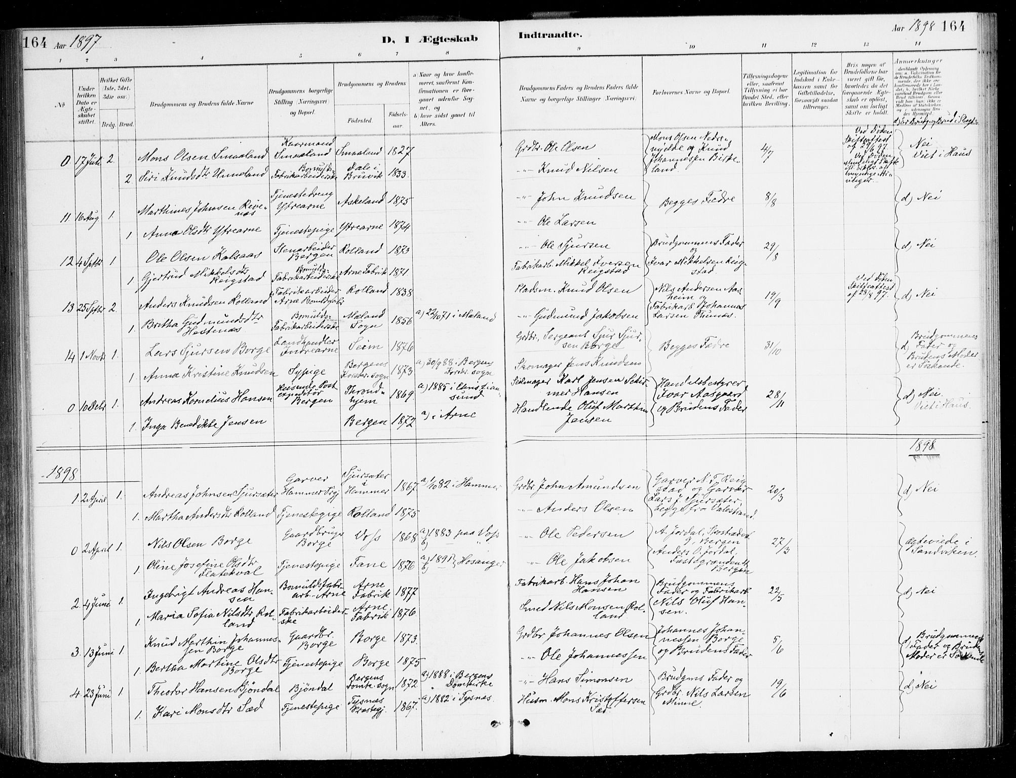 Haus sokneprestembete, SAB/A-75601/H/Haa/Haad/L0001: Parish register (official) no. D 1, 1887-1898, p. 164