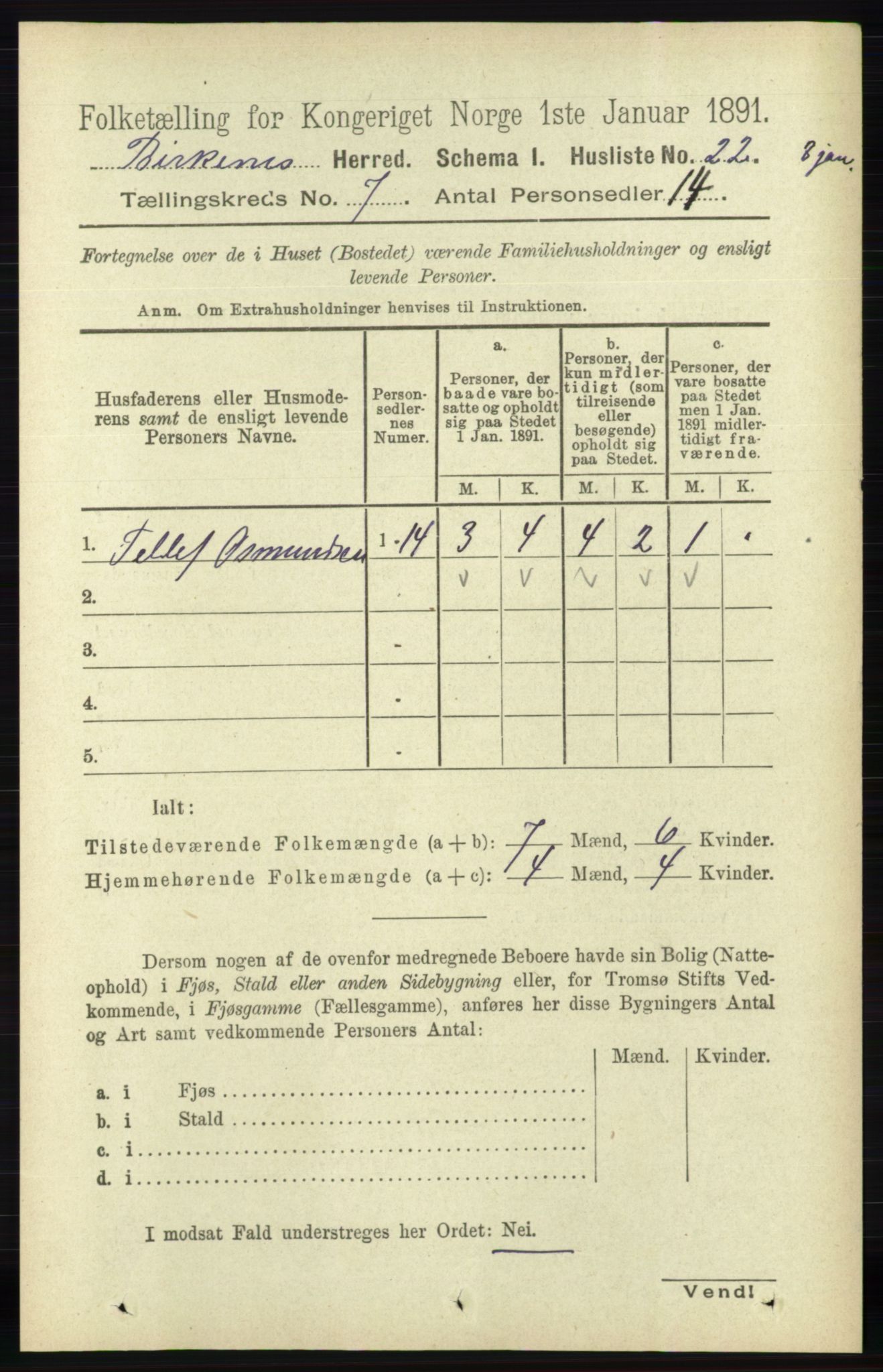 RA, 1891 Census for 0928 Birkenes, 1891, p. 1963