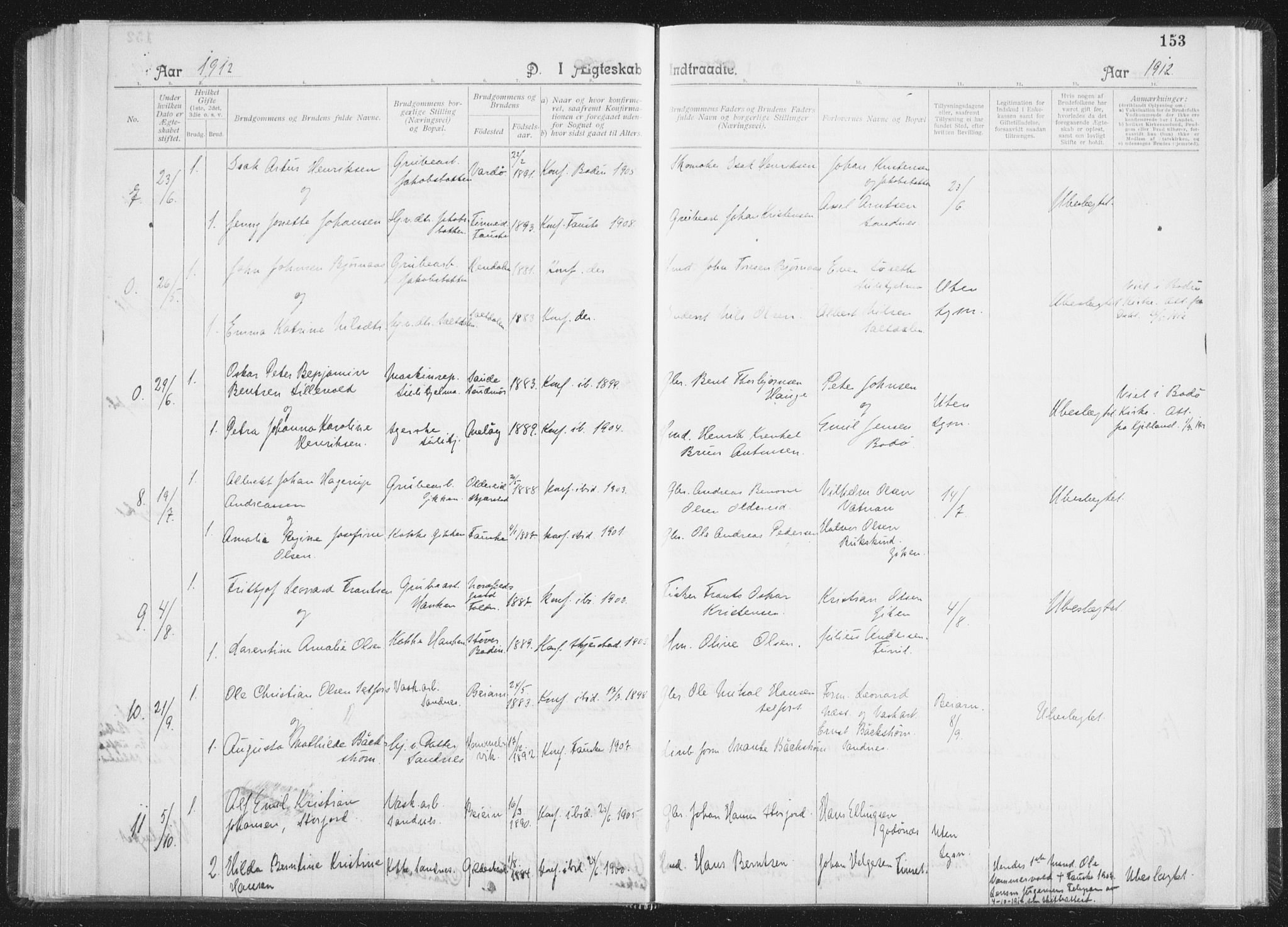 Ministerialprotokoller, klokkerbøker og fødselsregistre - Nordland, AV/SAT-A-1459/850/L0711: Curate's parish register no. 850B01, 1902-1915, p. 153