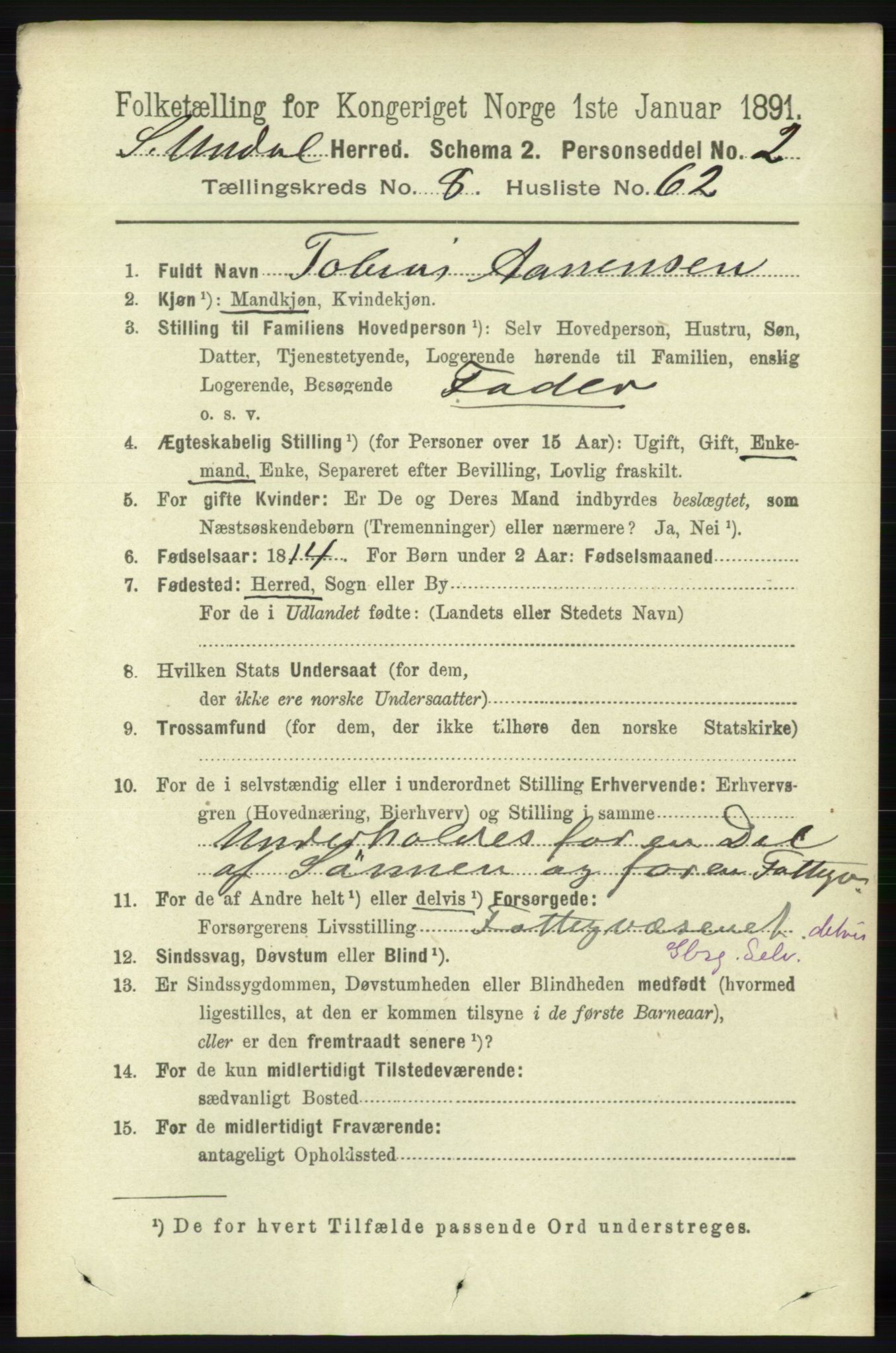 RA, 1891 census for 1029 Sør-Audnedal, 1891, p. 3449