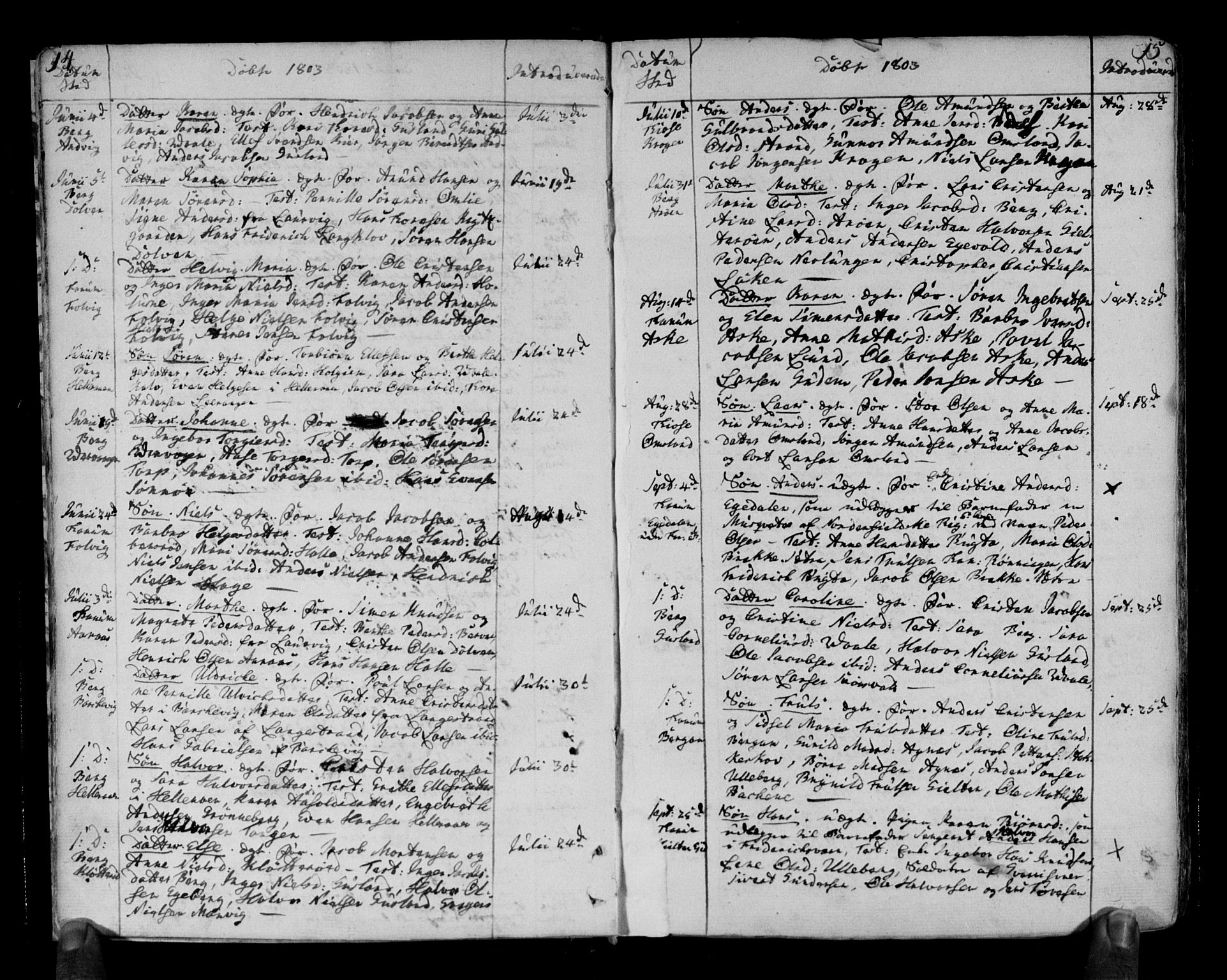 Brunlanes kirkebøker, AV/SAKO-A-342/F/Fa/L0002: Parish register (official) no. I 2, 1802-1834, p. 14-15