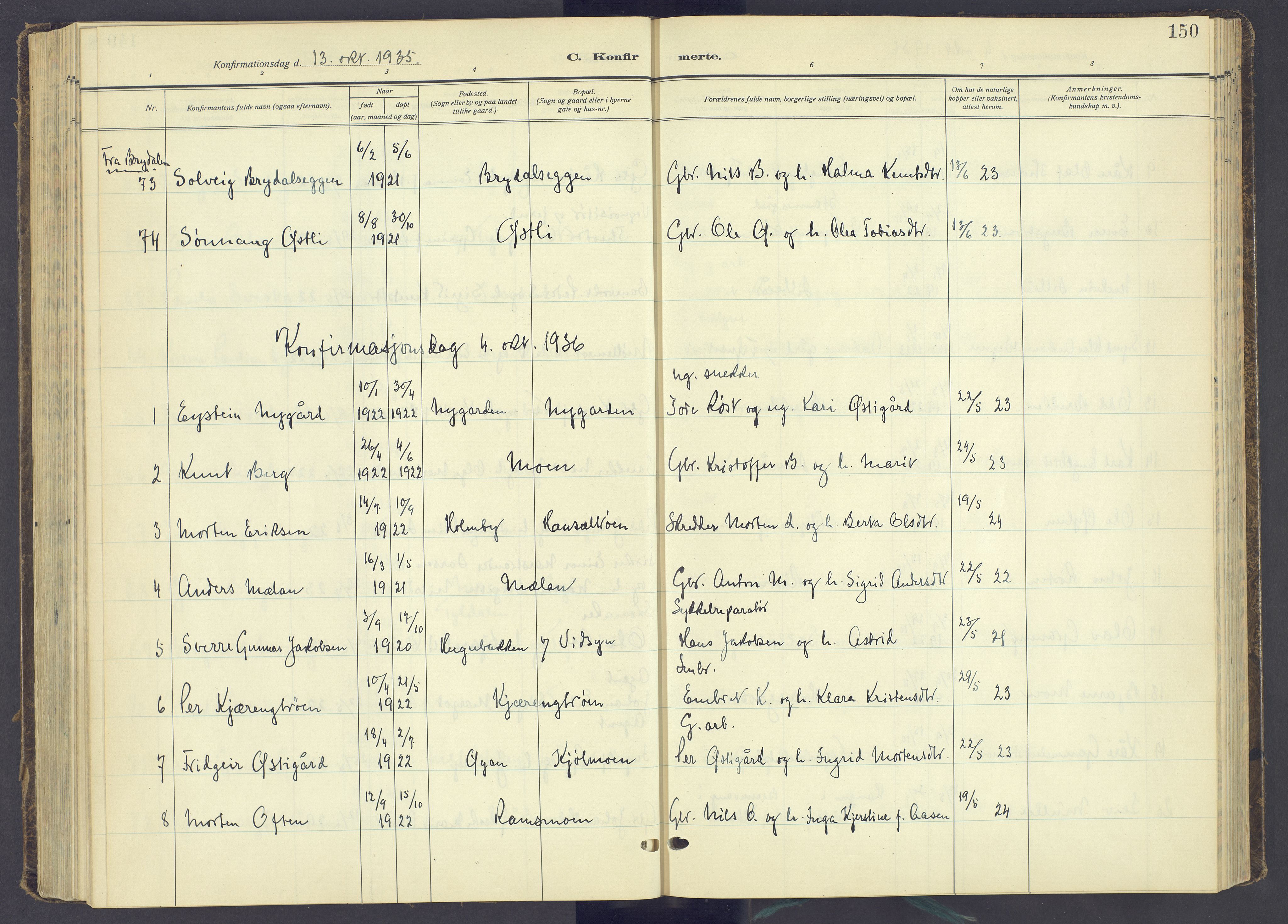 Tynset prestekontor, AV/SAH-PREST-058/H/Ha/Haa/L0027: Parish register (official) no. 27, 1930-1944, p. 150