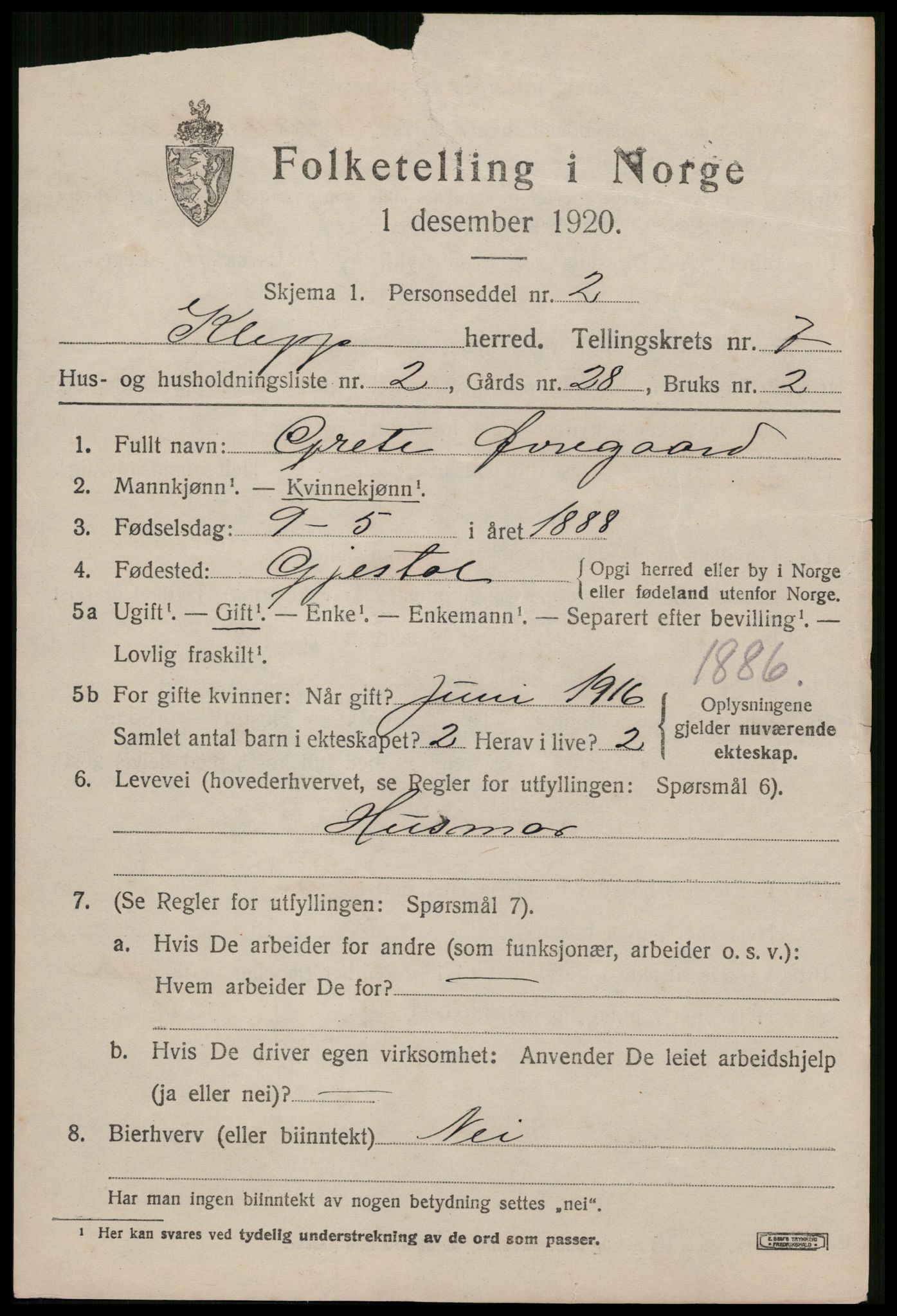 SAST, 1920 census for Klepp, 1920, p. 6586