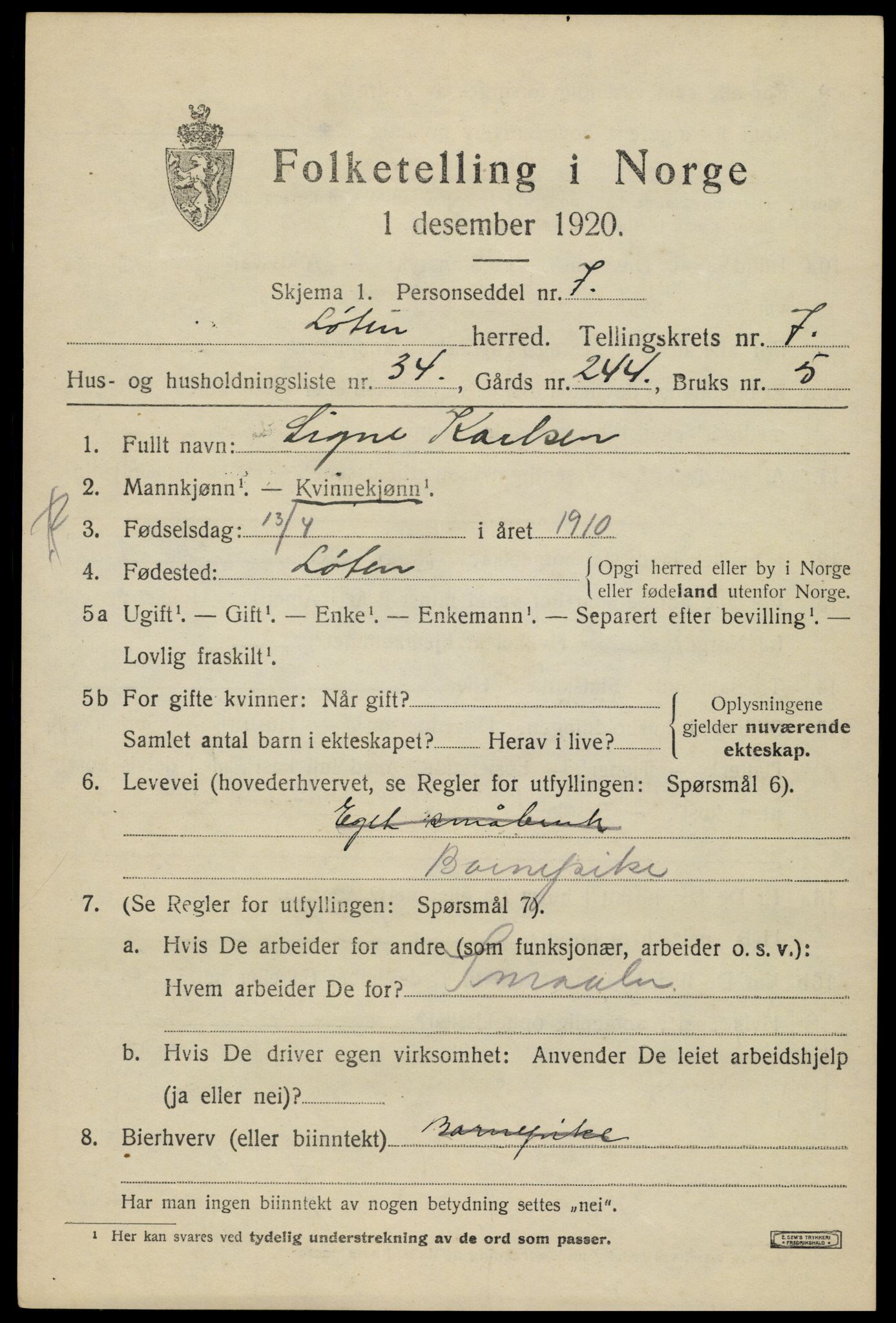 SAH, 1920 census for Løten, 1920, p. 14223