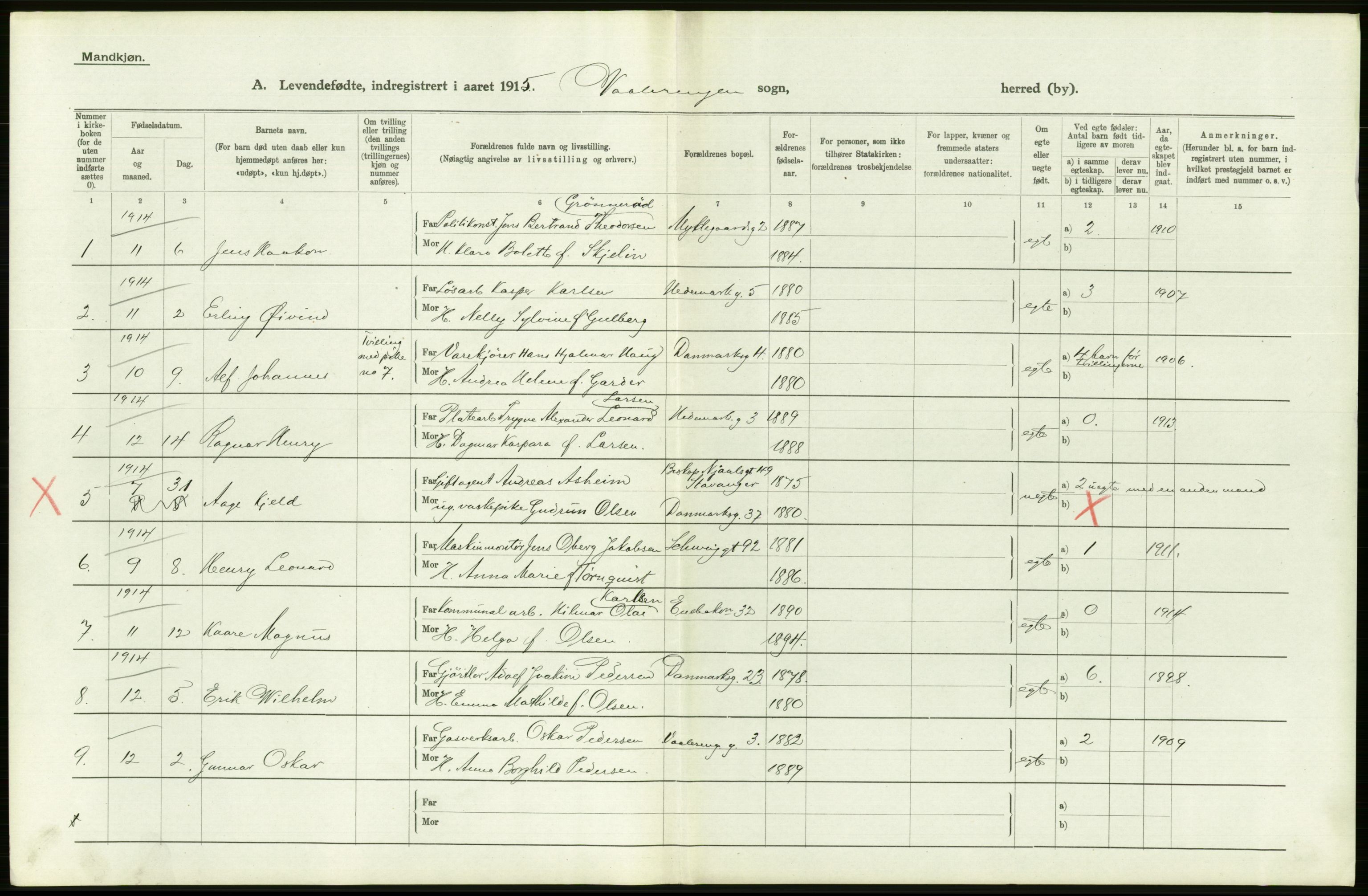 Statistisk sentralbyrå, Sosiodemografiske emner, Befolkning, RA/S-2228/D/Df/Dfb/Dfbe/L0006: Kristiania: Levendefødte menn og kvinner., 1915, p. 372