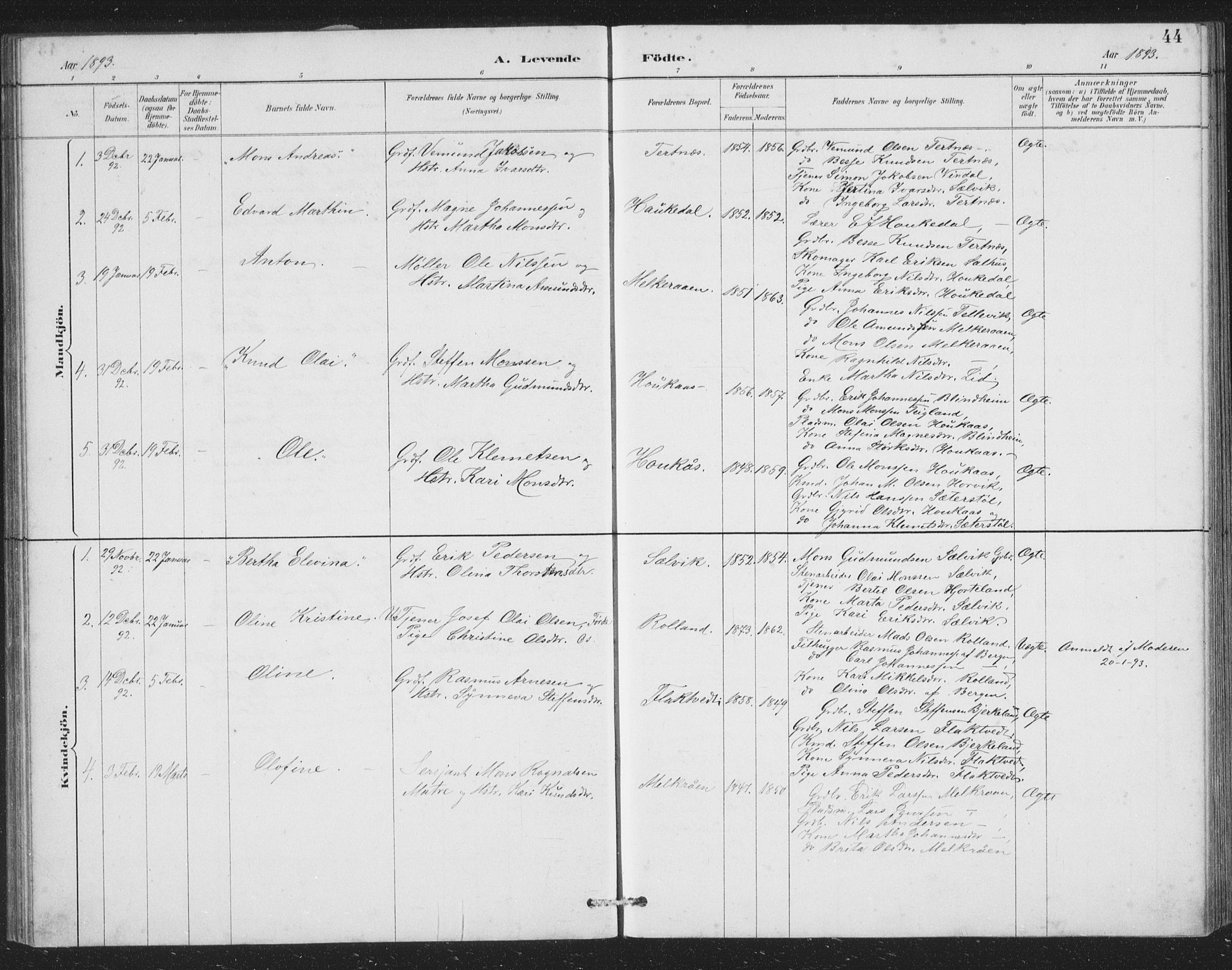 Åsane sokneprestembete, SAB/A-79401/H/Hab: Parish register (copy) no. A 2, 1885-1898, p. 44