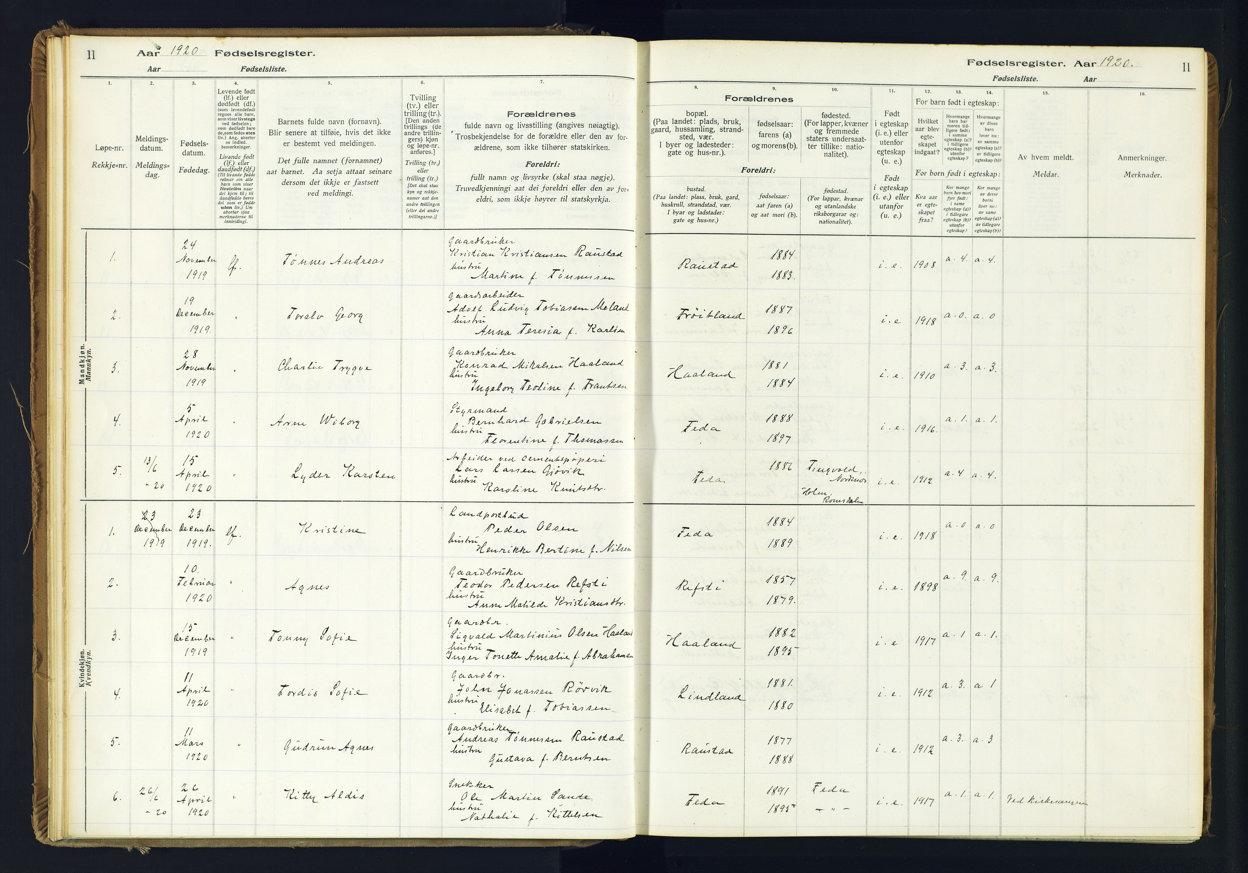 Kvinesdal sokneprestkontor, SAK/1111-0026/J/Ja/L0005: Birth register no. 5, 1916-1982, p. 11