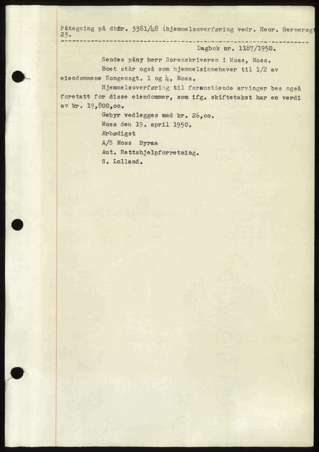 Moss sorenskriveri, SAO/A-10168: Mortgage book no. A25, 1950-1950, Diary no: : 1187/1950