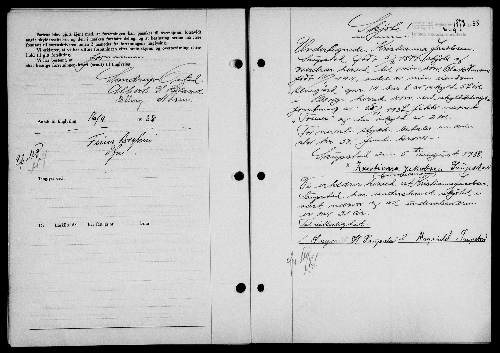 Lofoten sorenskriveri, SAT/A-0017/1/2/2C/L0004a: Mortgage book no. 4a, 1938-1938, Diary no: : 1973/1938