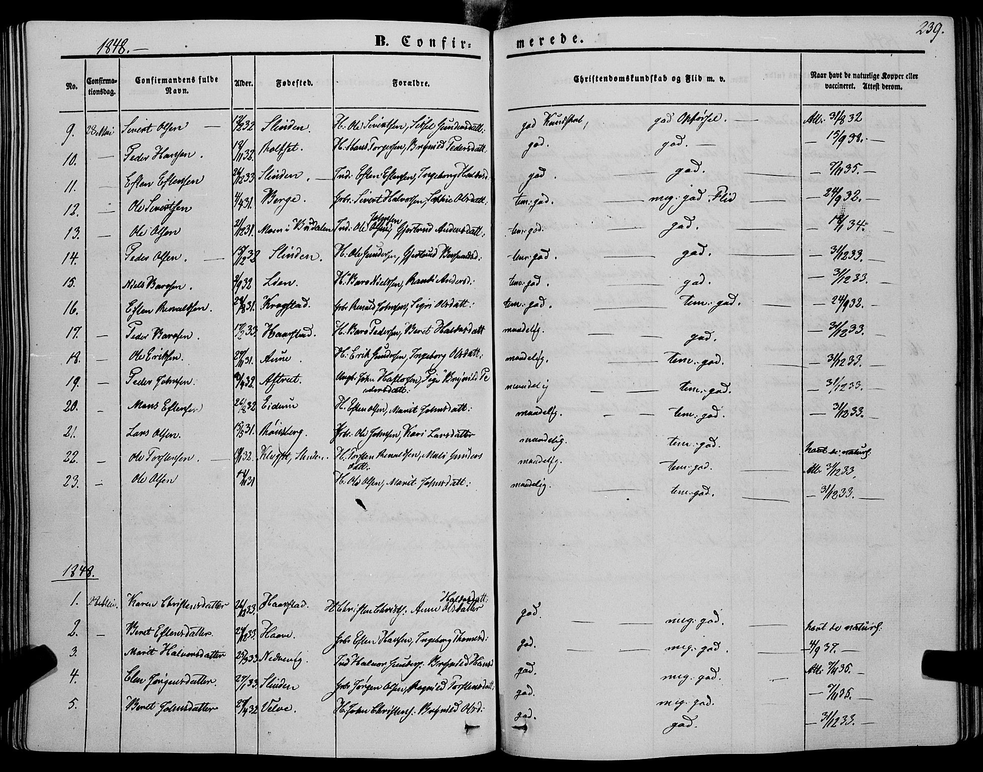 Ministerialprotokoller, klokkerbøker og fødselsregistre - Sør-Trøndelag, SAT/A-1456/695/L1145: Parish register (official) no. 695A06 /1, 1843-1859, p. 239