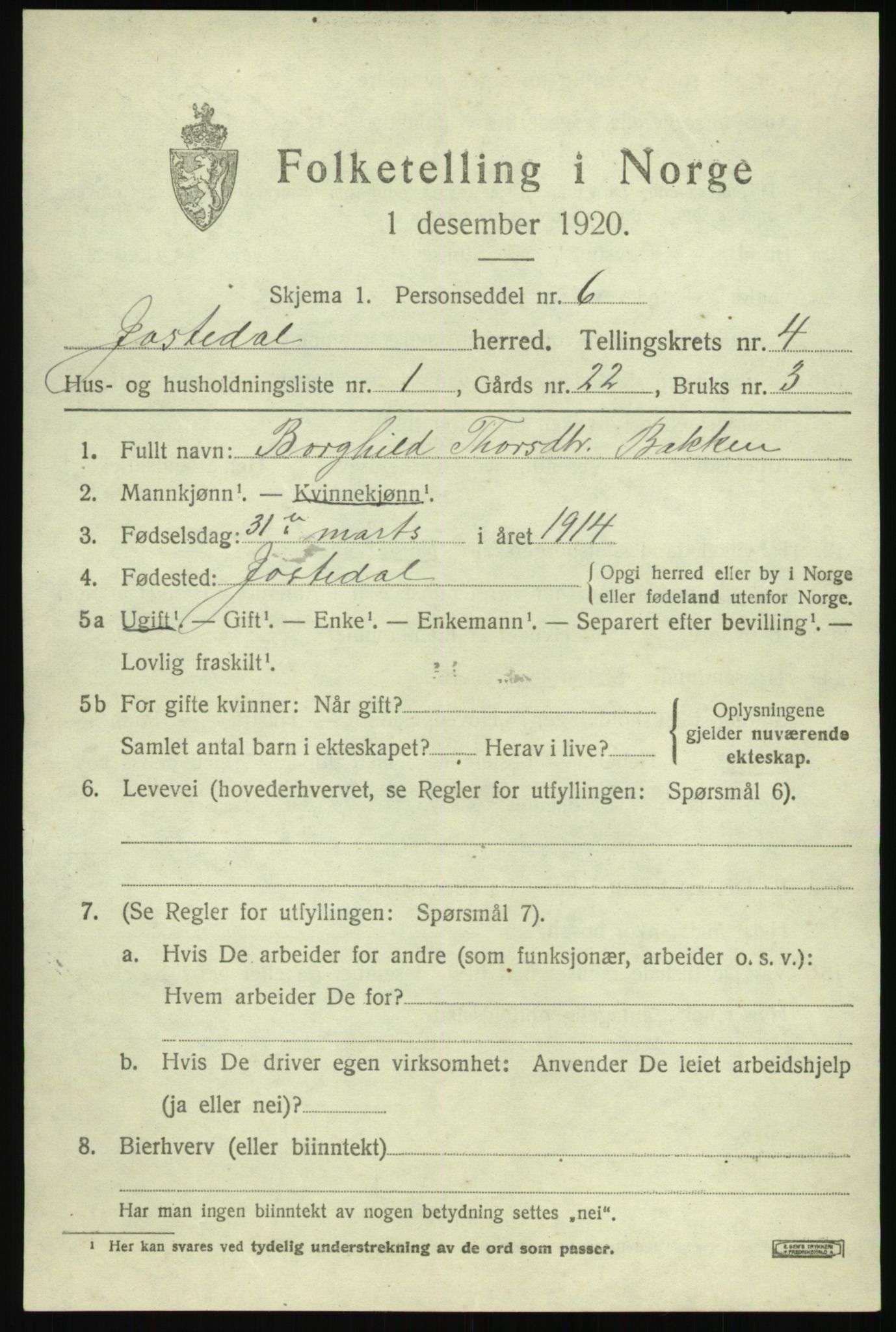 SAB, 1920 census for Jostedal, 1920, p. 1528