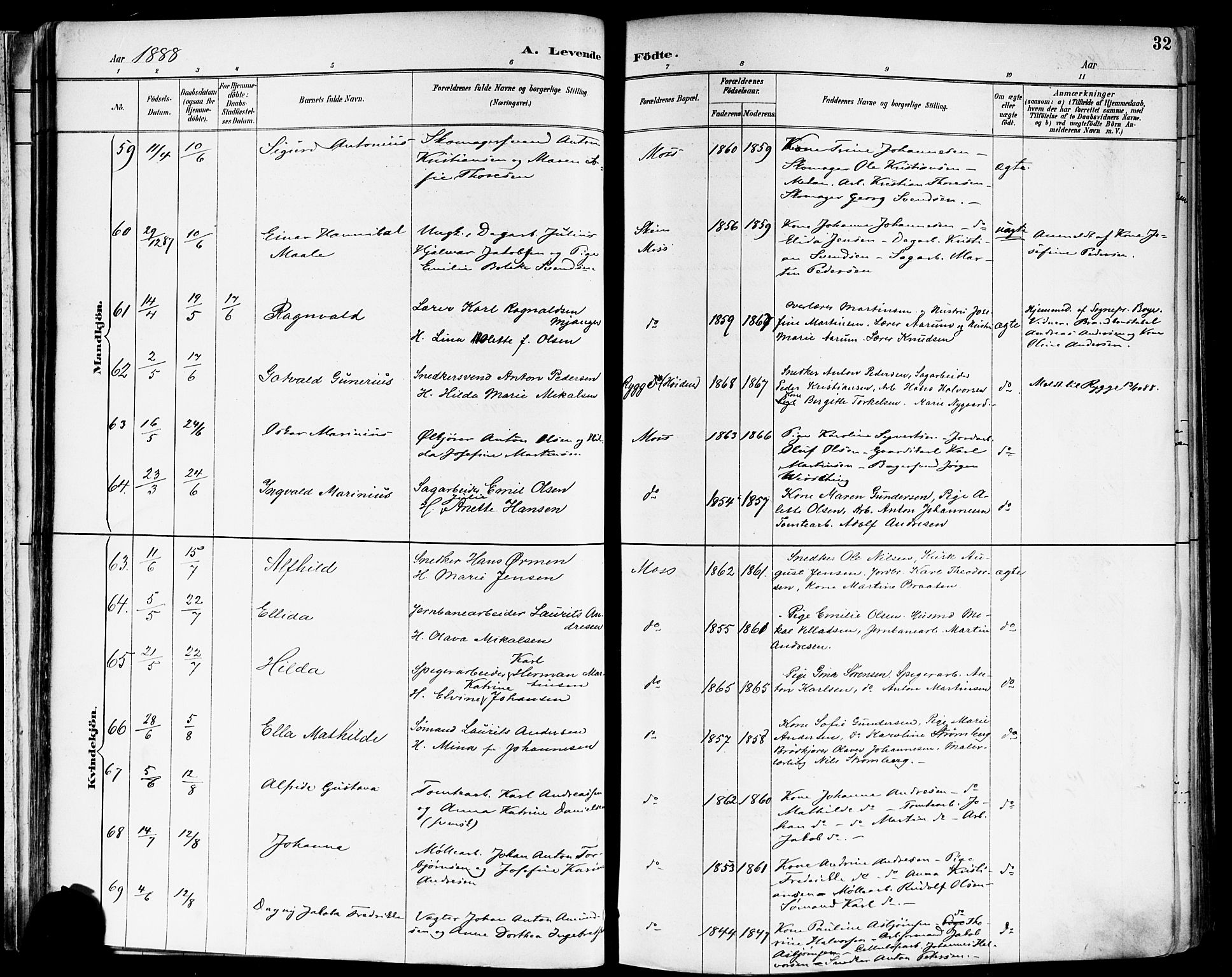 Moss prestekontor Kirkebøker, AV/SAO-A-2003/F/Fb/L0002a: Parish register (official) no. II 2A, 1887-1893, p. 32
