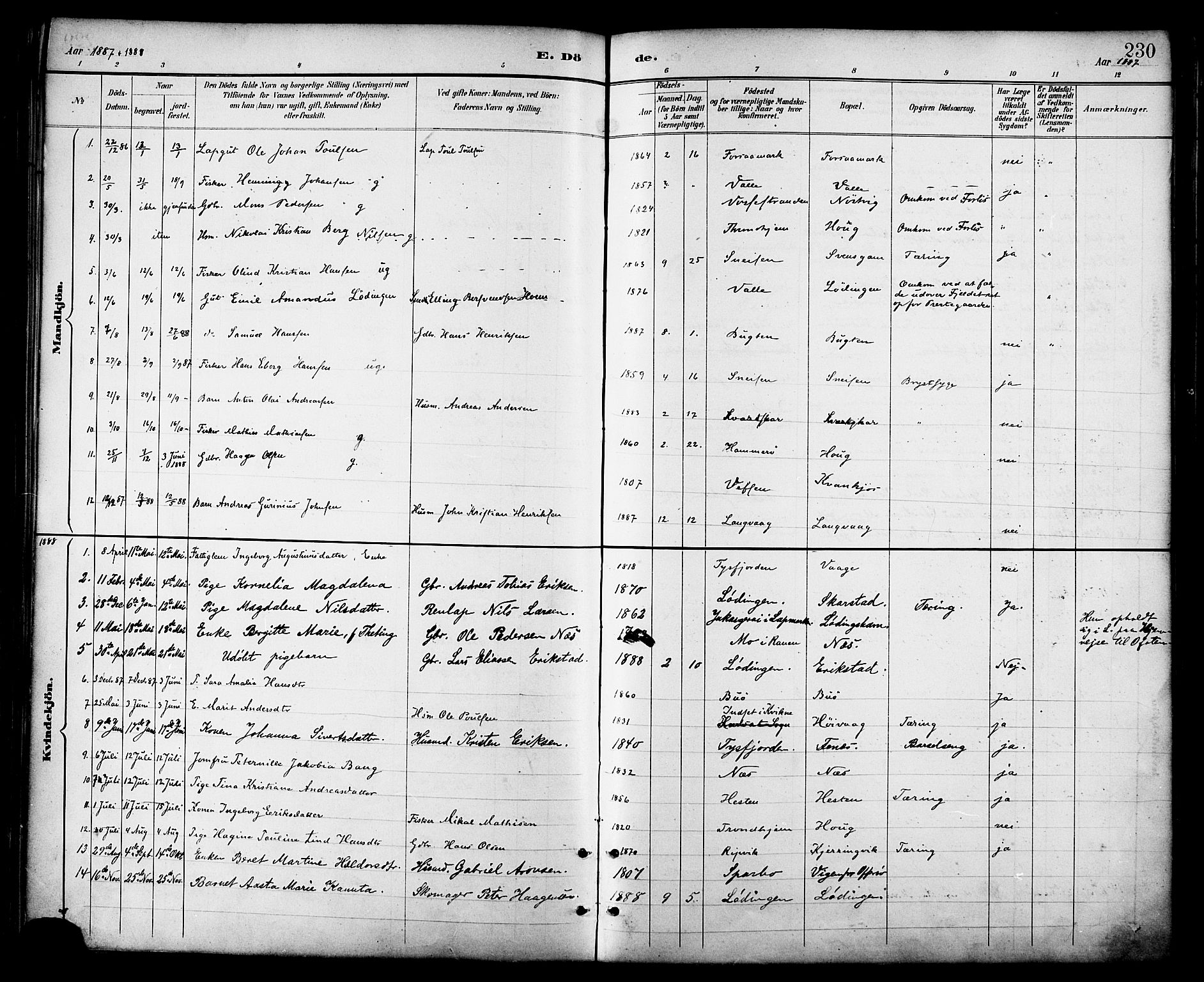 Ministerialprotokoller, klokkerbøker og fødselsregistre - Nordland, AV/SAT-A-1459/872/L1035: Parish register (official) no. 872A10, 1884-1896, p. 230