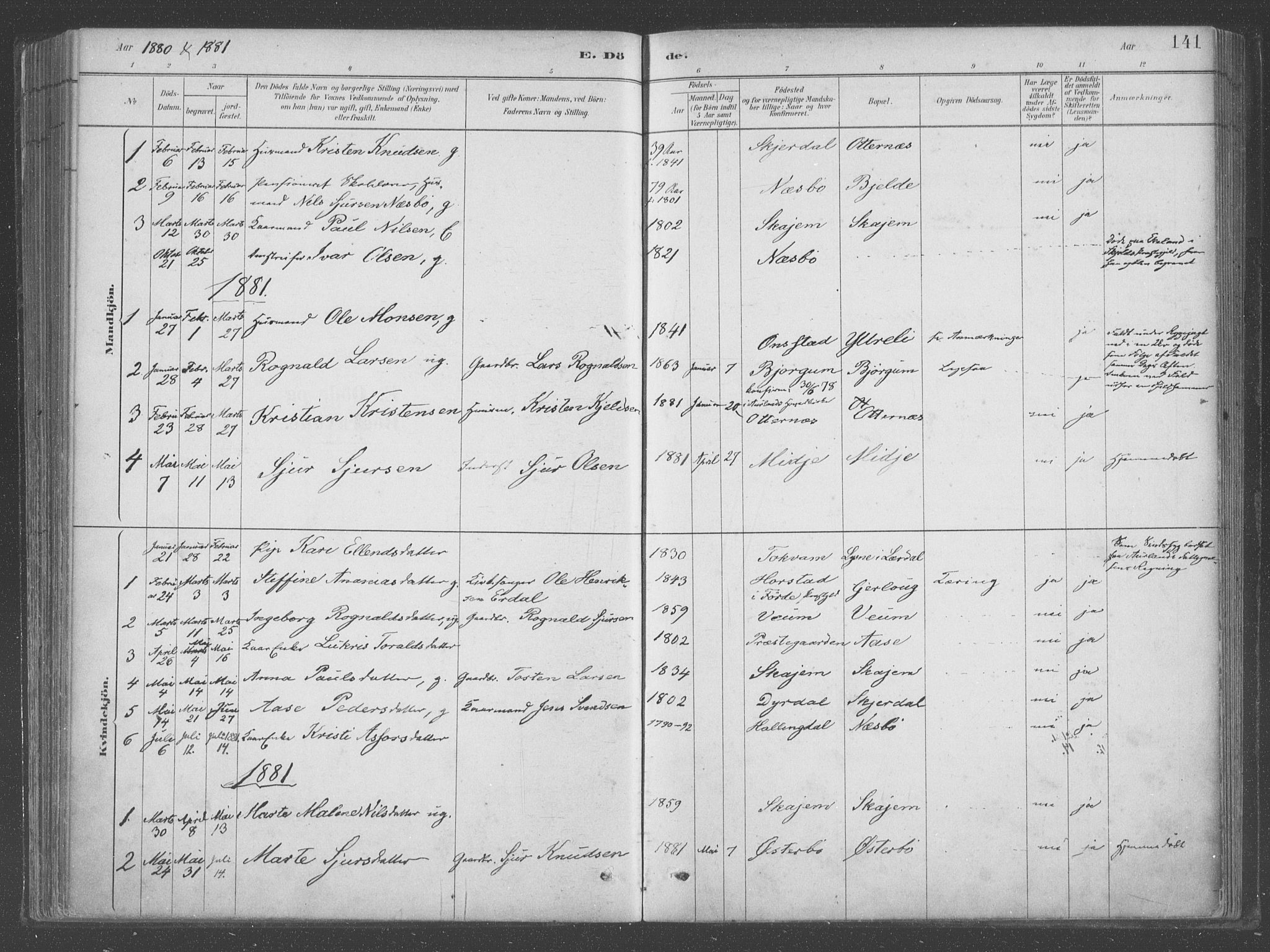 Aurland sokneprestembete, SAB/A-99937/H/Ha/Hab/L0001: Parish register (official) no. B  1, 1880-1909, p. 141