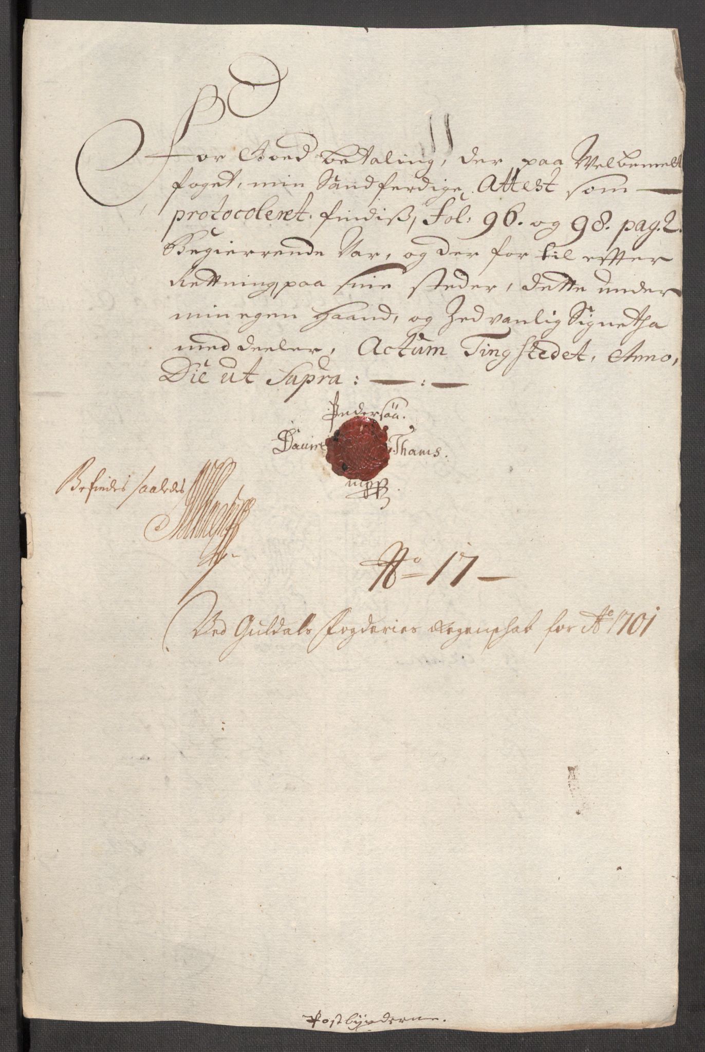 Rentekammeret inntil 1814, Reviderte regnskaper, Fogderegnskap, AV/RA-EA-4092/R60/L3951: Fogderegnskap Orkdal og Gauldal, 1701, p. 291