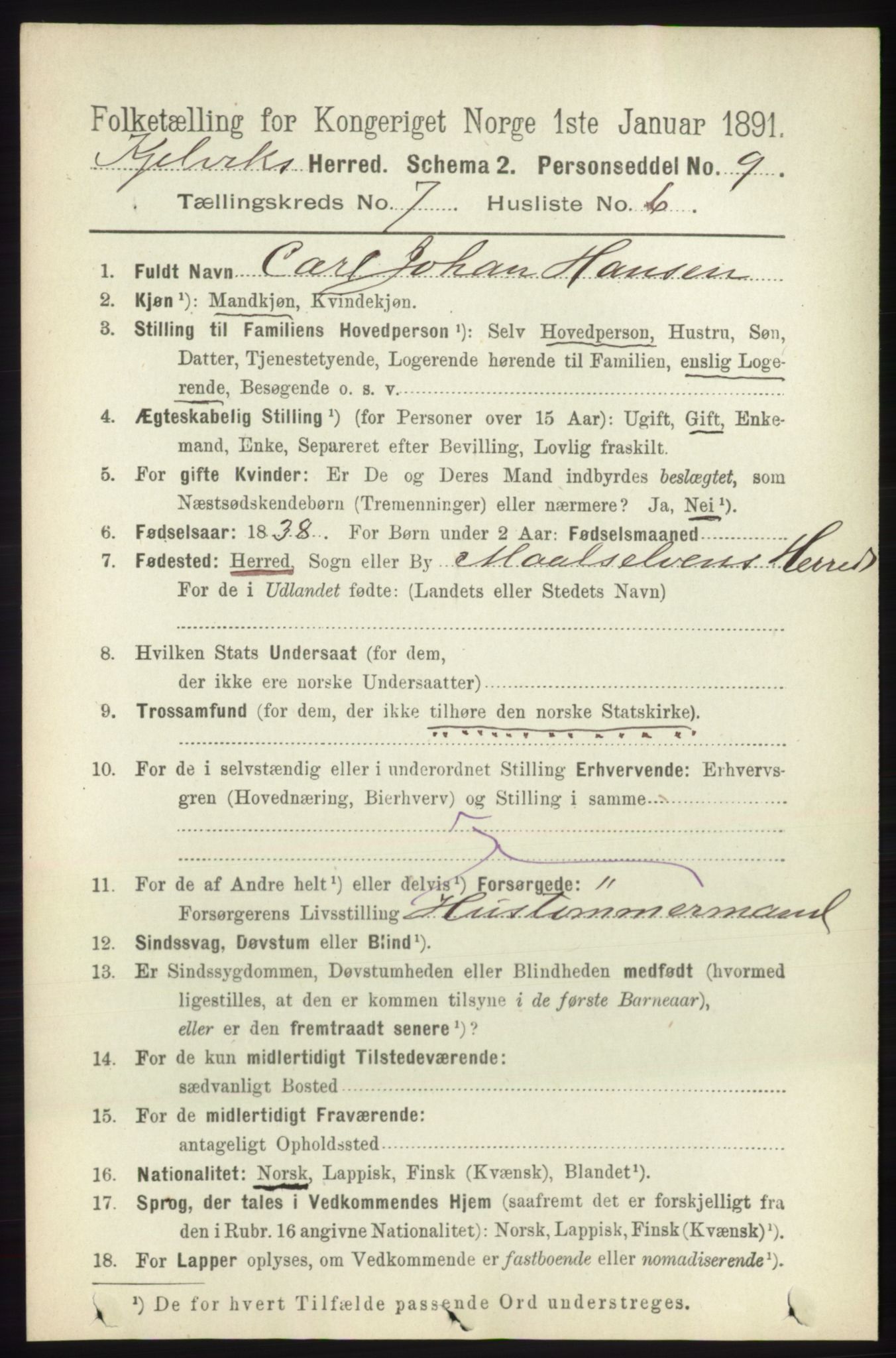 RA, 1891 census for 2019 Kjelvik, 1891, p. 922