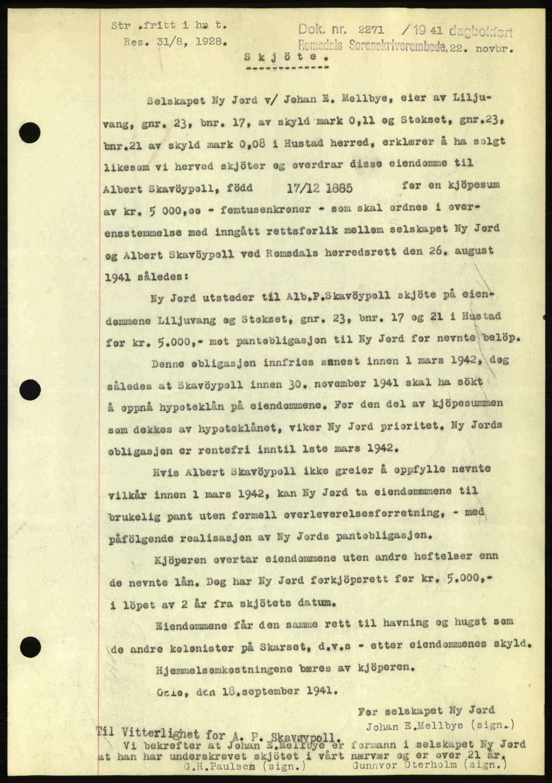 Romsdal sorenskriveri, AV/SAT-A-4149/1/2/2C: Mortgage book no. A11, 1941-1942, Diary no: : 2271/1941