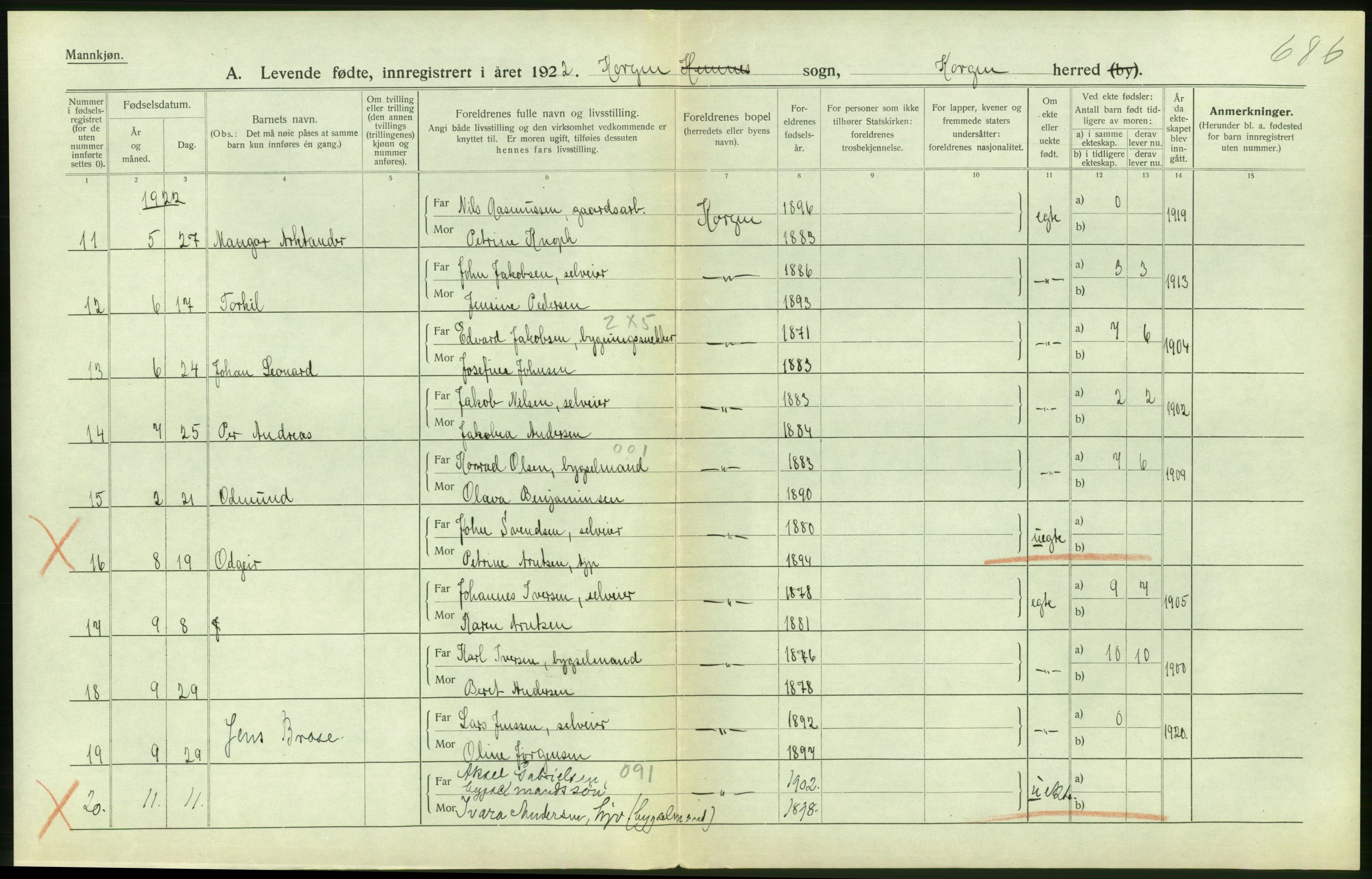 Statistisk sentralbyrå, Sosiodemografiske emner, Befolkning, RA/S-2228/D/Df/Dfc/Dfcb/L0044: Nordland fylke: Levendefødte menn og kvinner. Bygder og byer., 1922, p. 258