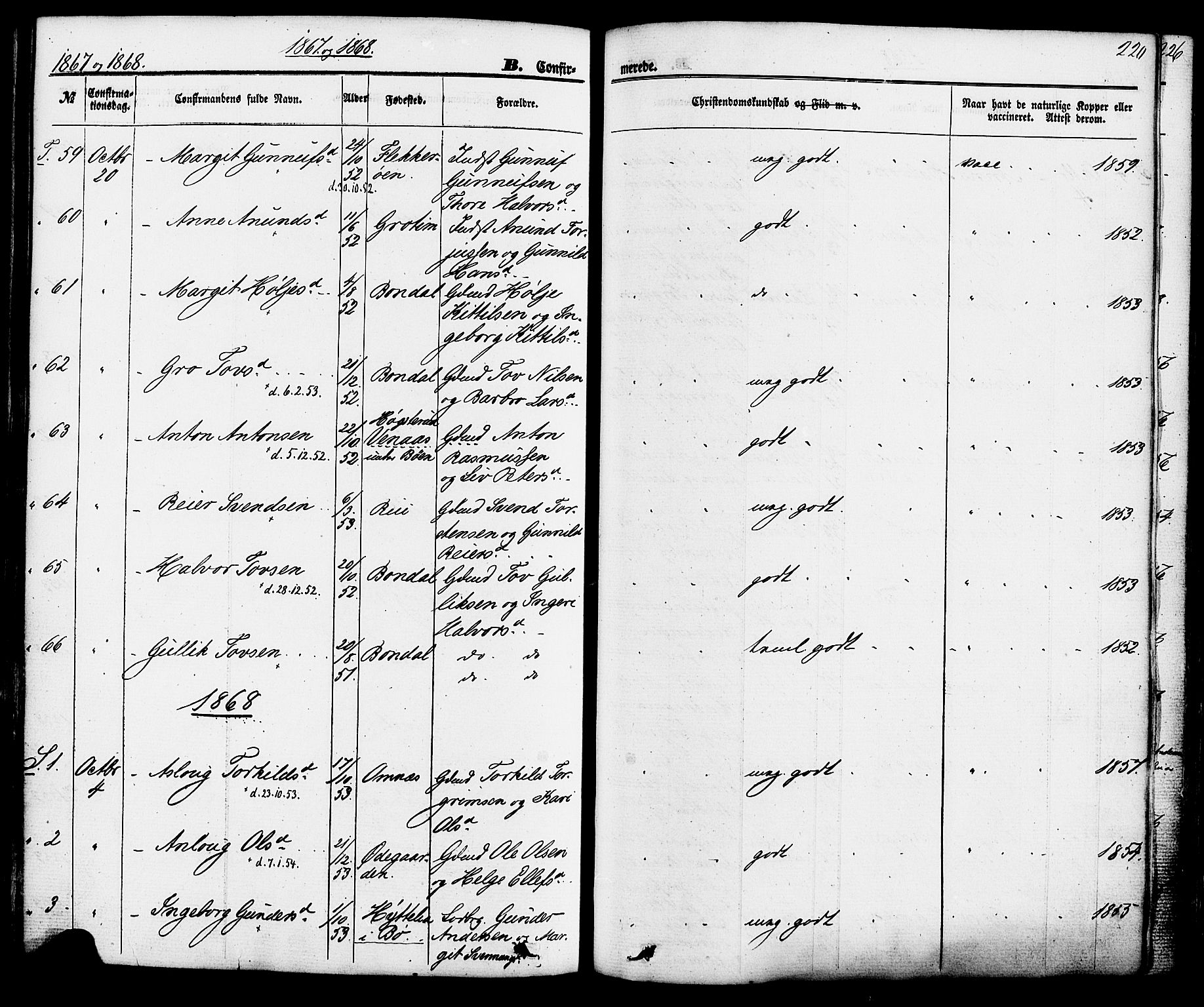 Hjartdal kirkebøker, SAKO/A-270/F/Fa/L0009: Parish register (official) no. I 9, 1860-1879, p. 220