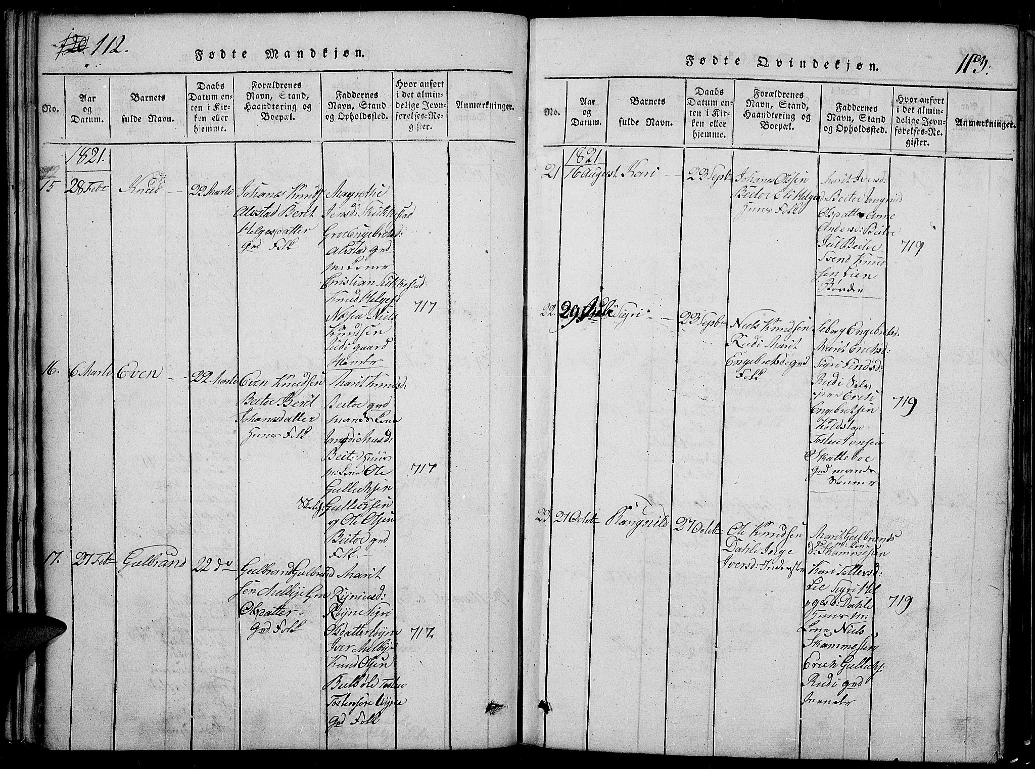 Slidre prestekontor, SAH/PREST-134/H/Ha/Hab/L0002: Parish register (copy) no. 2, 1814-1839, p. 112-113