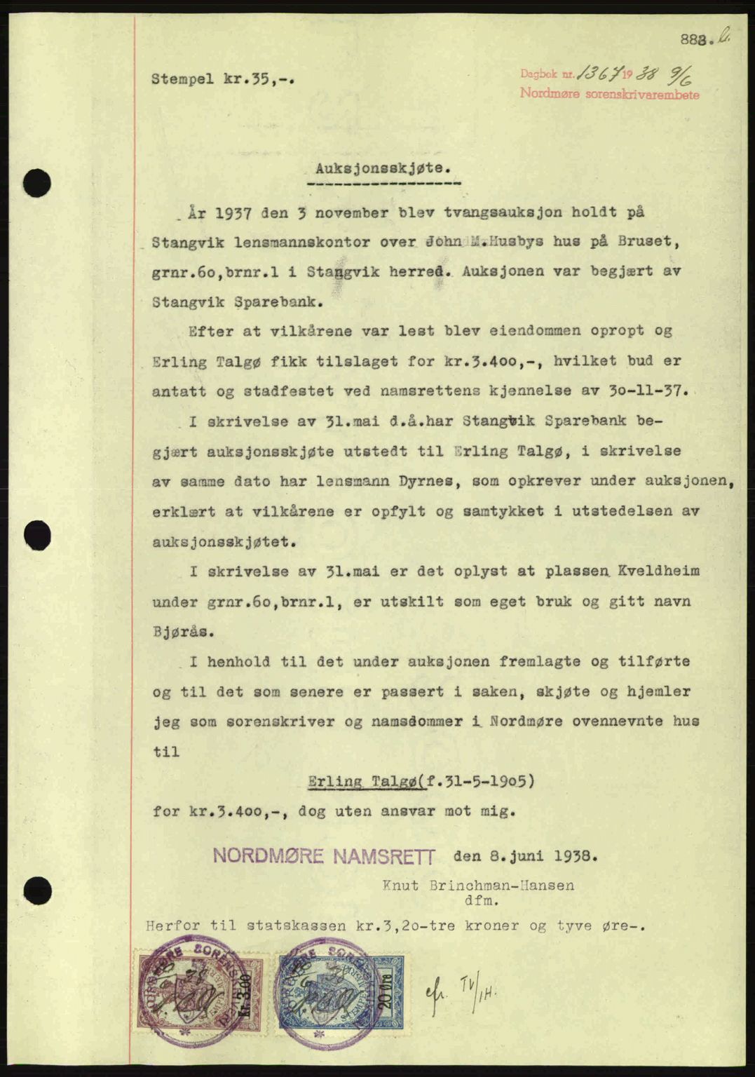 Nordmøre sorenskriveri, AV/SAT-A-4132/1/2/2Ca: Mortgage book no. A83, 1938-1938, Diary no: : 1367/1938