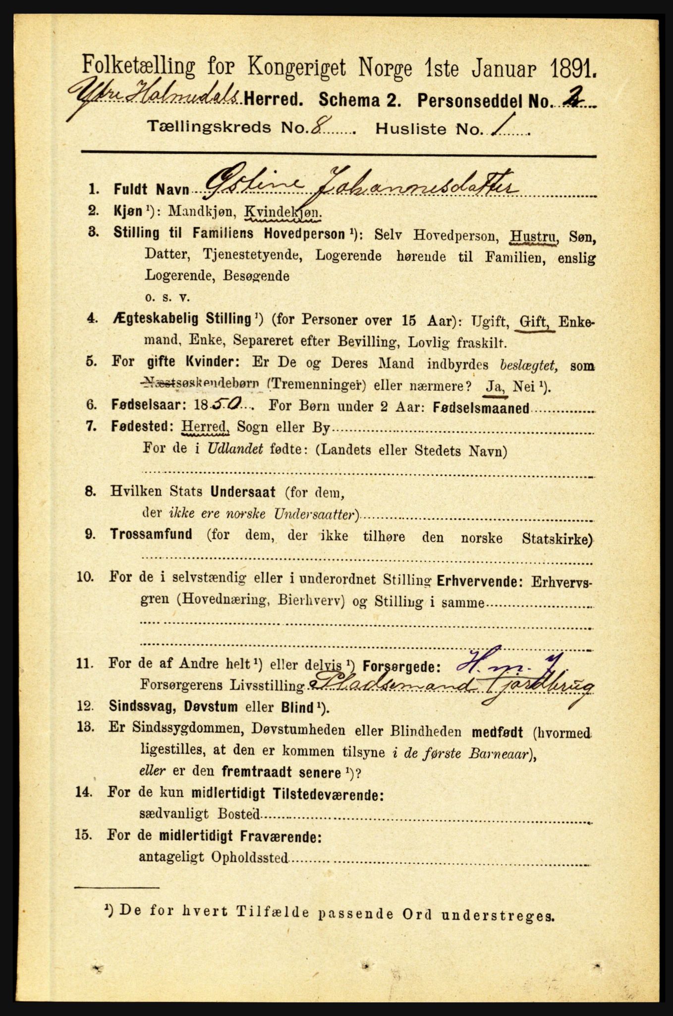 RA, 1891 census for 1429 Ytre Holmedal, 1891, p. 1763