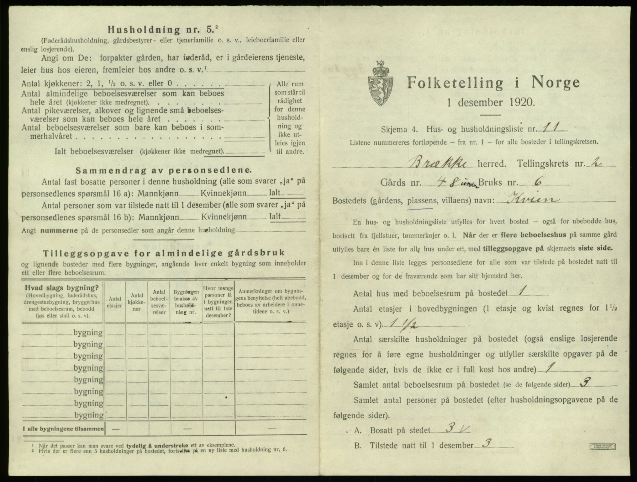 SAB, 1920 census for Brekke, 1920, p. 86