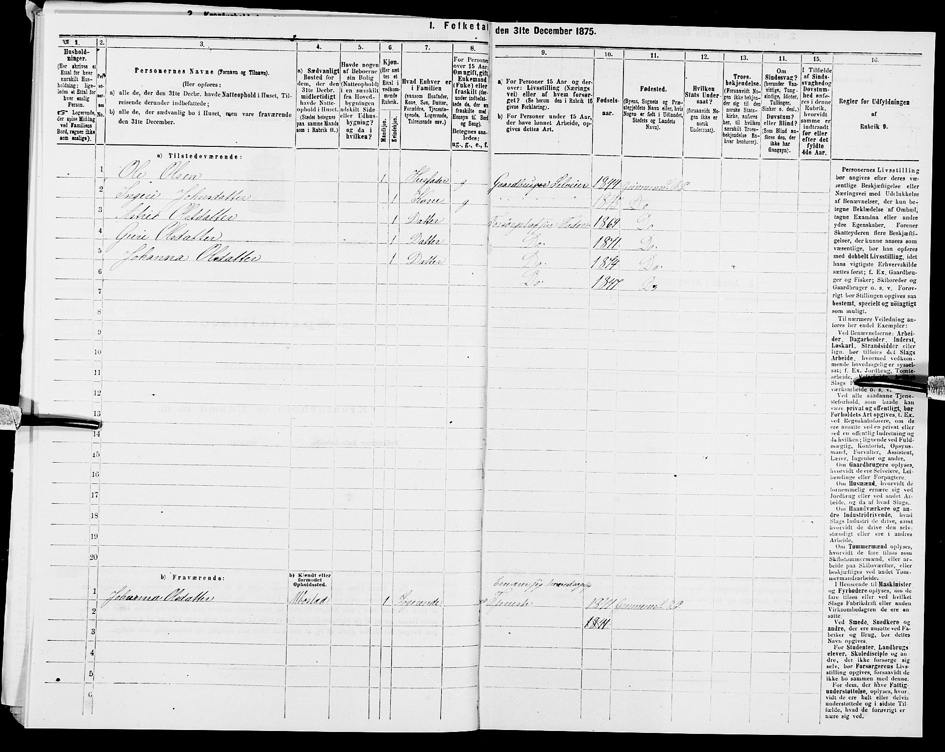 SAK, 1875 census for 1024P Bjelland, 1875, p. 729